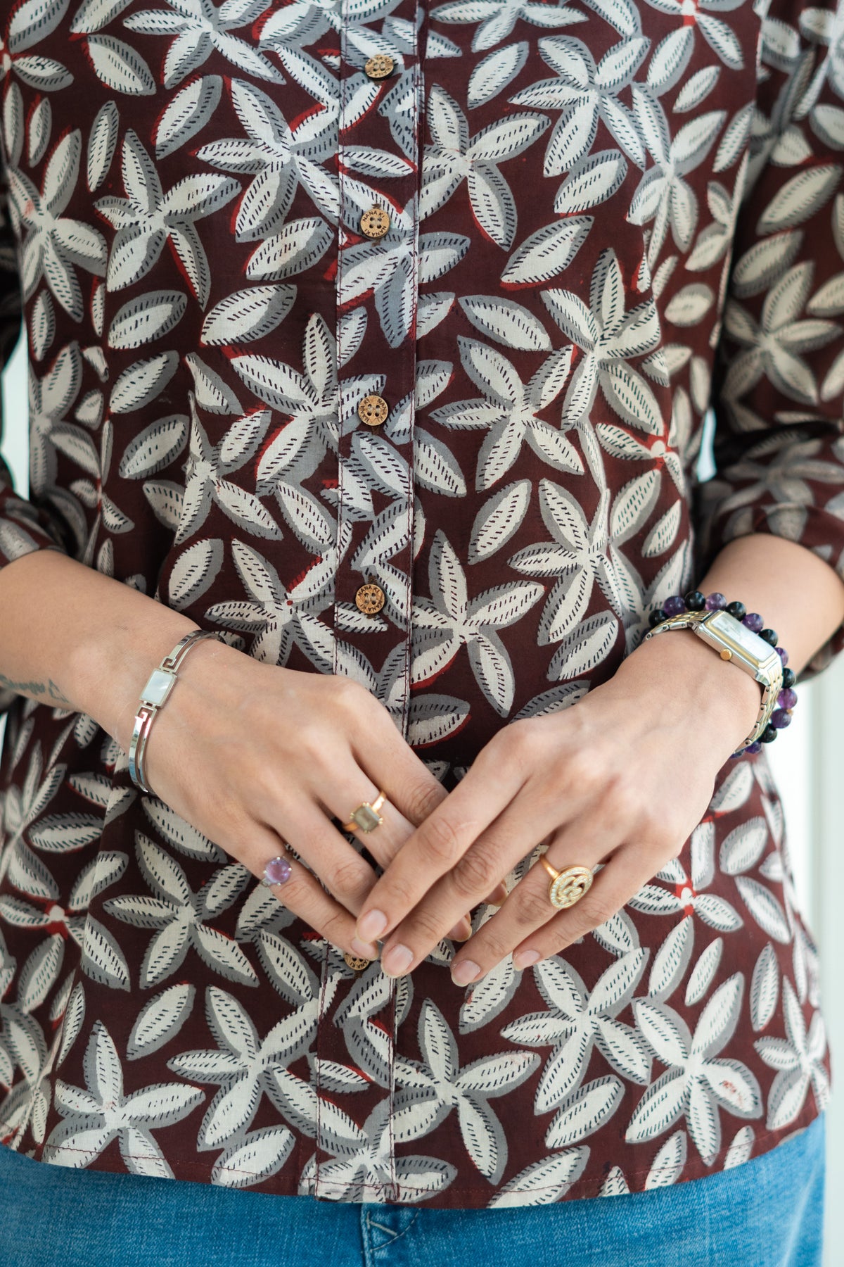 Wine Bagru Floral Handblock Cotton Shirt