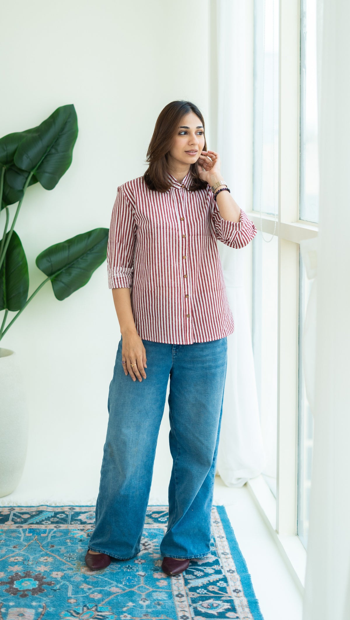 Laal Leheriya Stripe Block Print Cotton Shirt