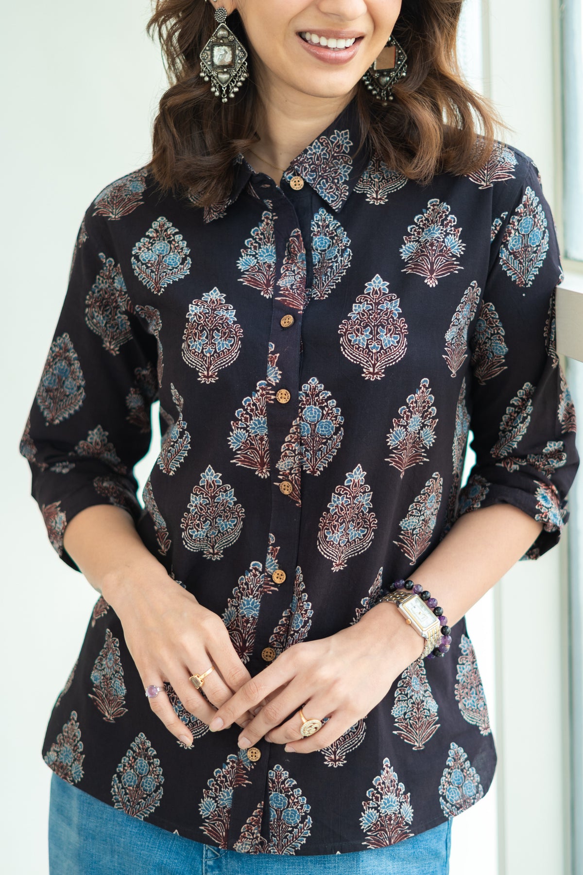 Ajrakh Black Motif Handblock Cotton Shirt