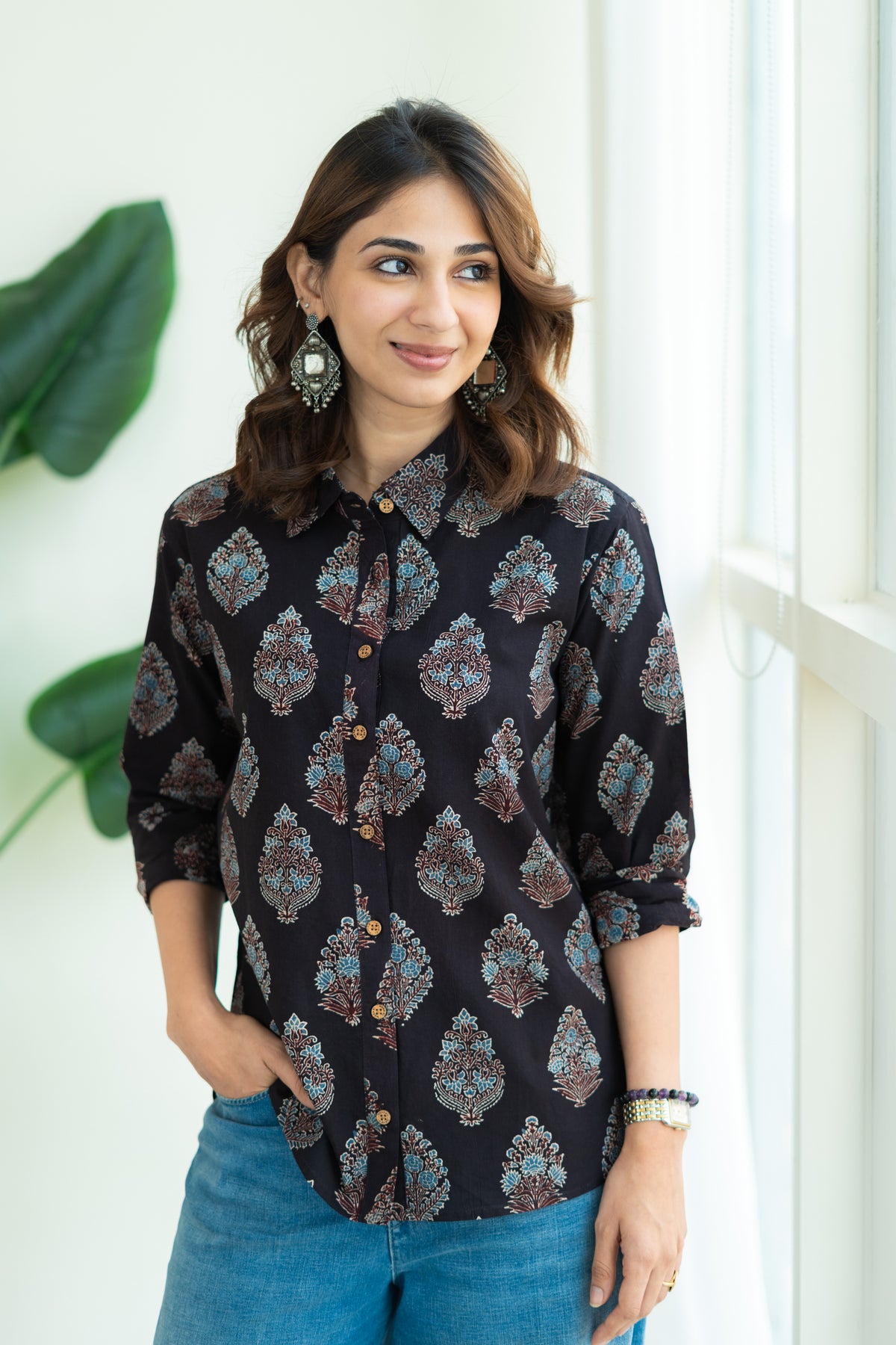 Ajrakh Black Motif Handblock Cotton Shirt