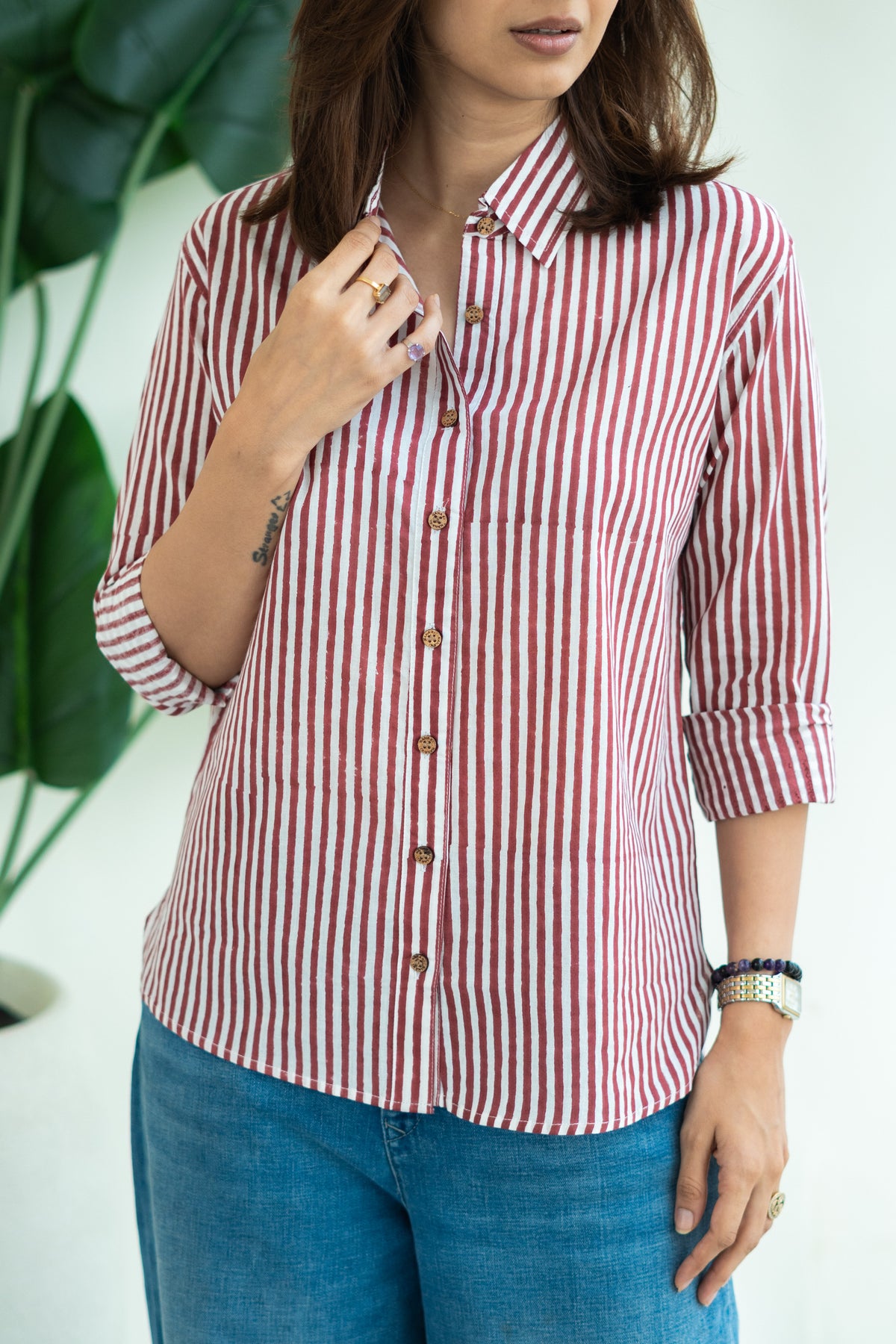 Laal Leheriya Stripe Block Print Cotton Shirt