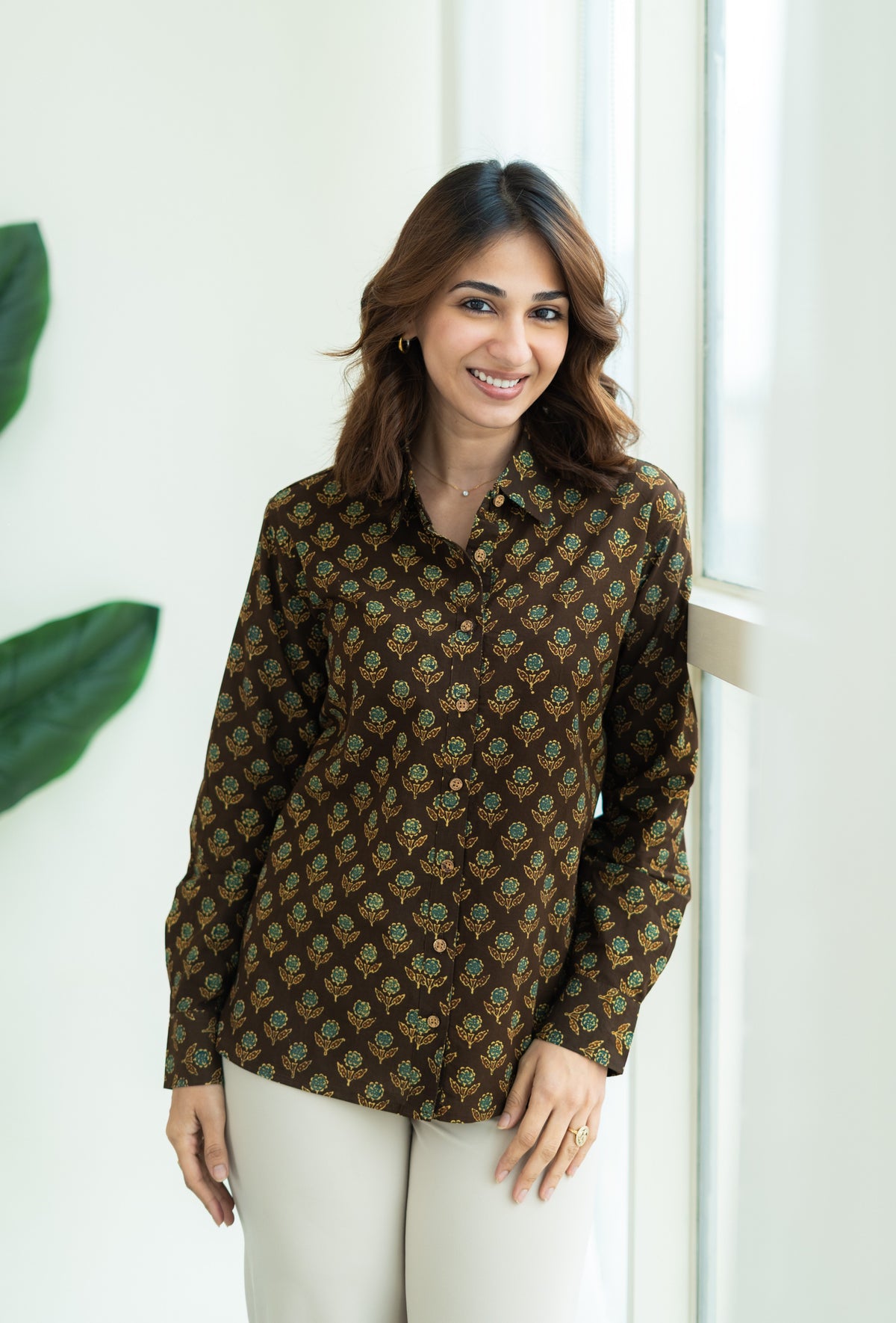 Ajrakh Gold Floral Block Print Shirt