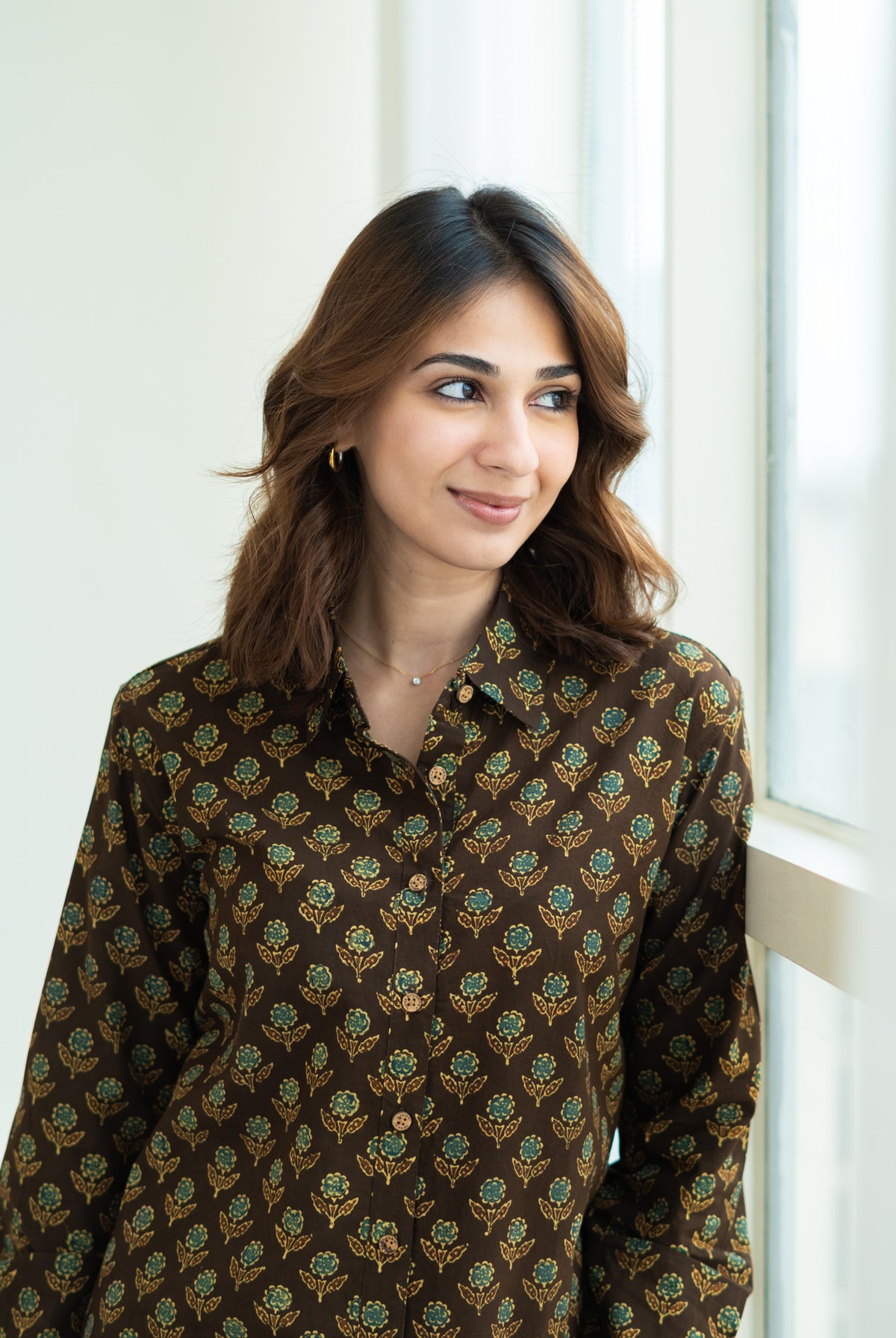 Ajrakh Gold Floral Block Print Shirt