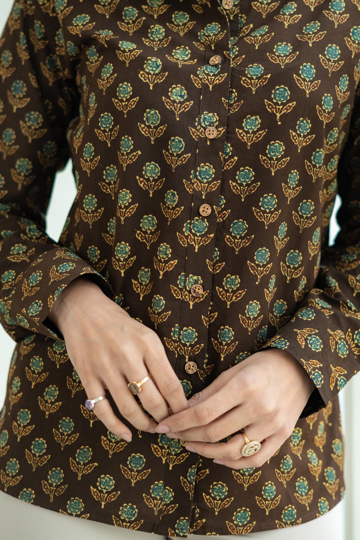 Ajrakh Gold Floral Block Print Shirt