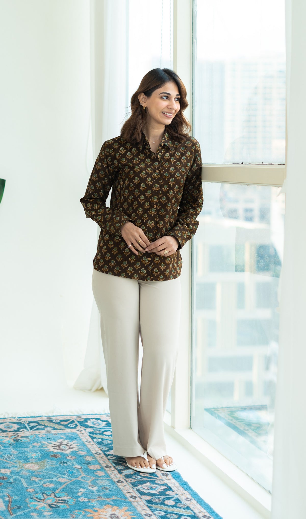 Ajrakh Gold Floral Block Print Shirt