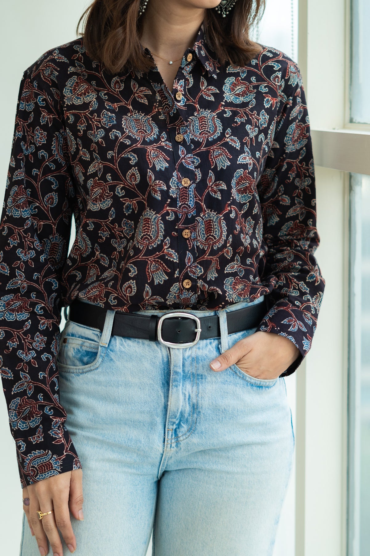 Black Ajrakh Floral Block Print Shirt
