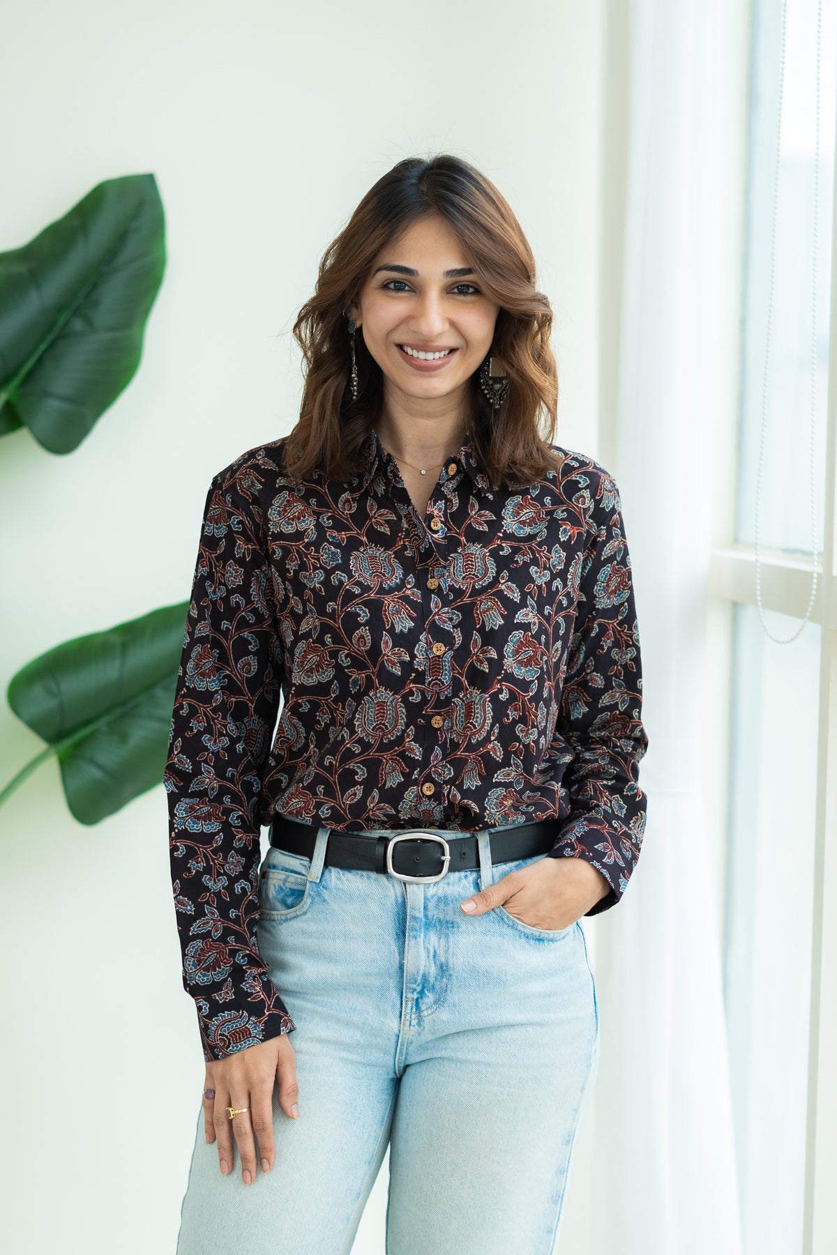 Black Ajrakh Floral Block Print Shirt
