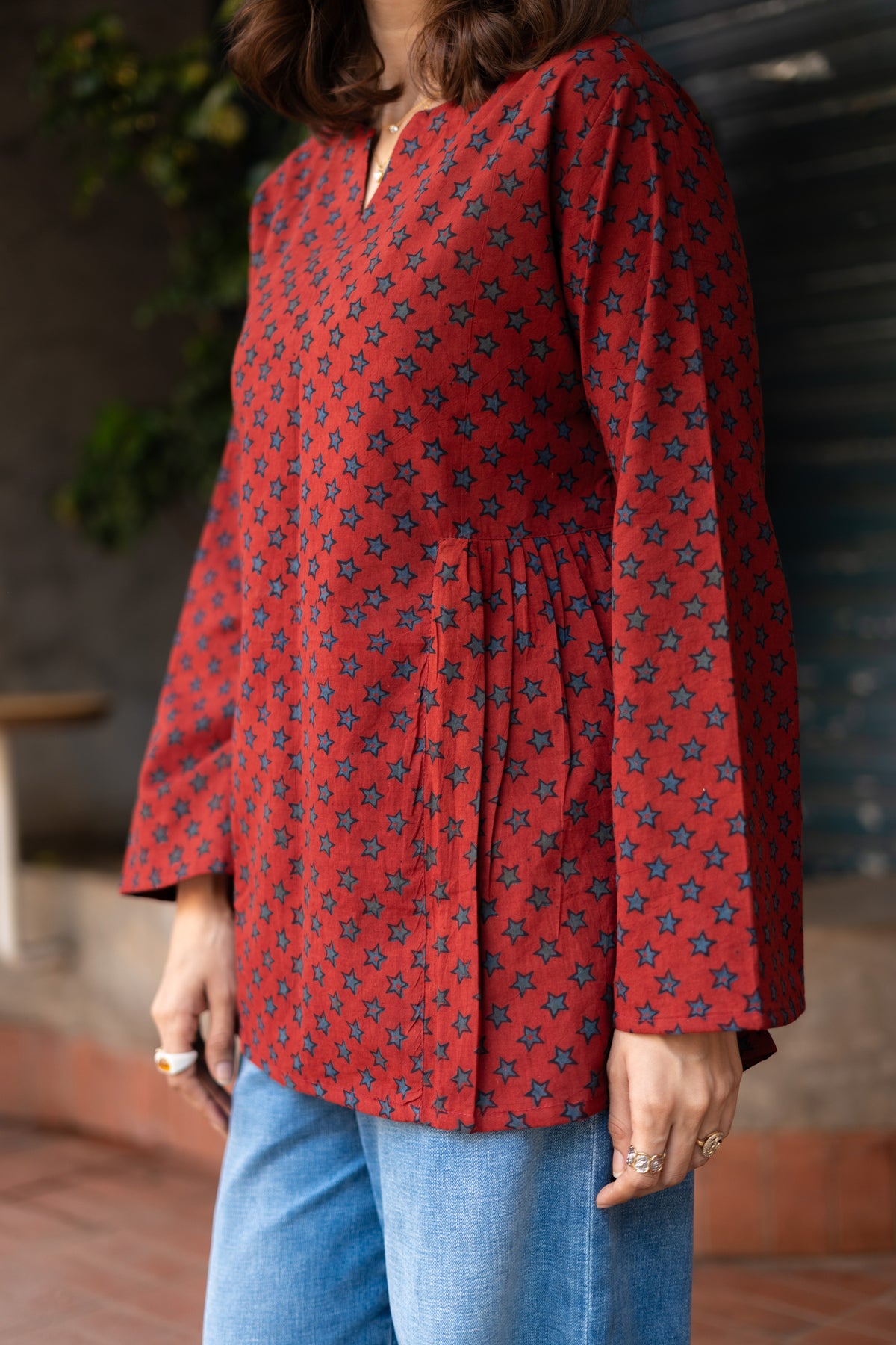 Ajrakh Madder Star Bell Sleeves Cotton Short Top