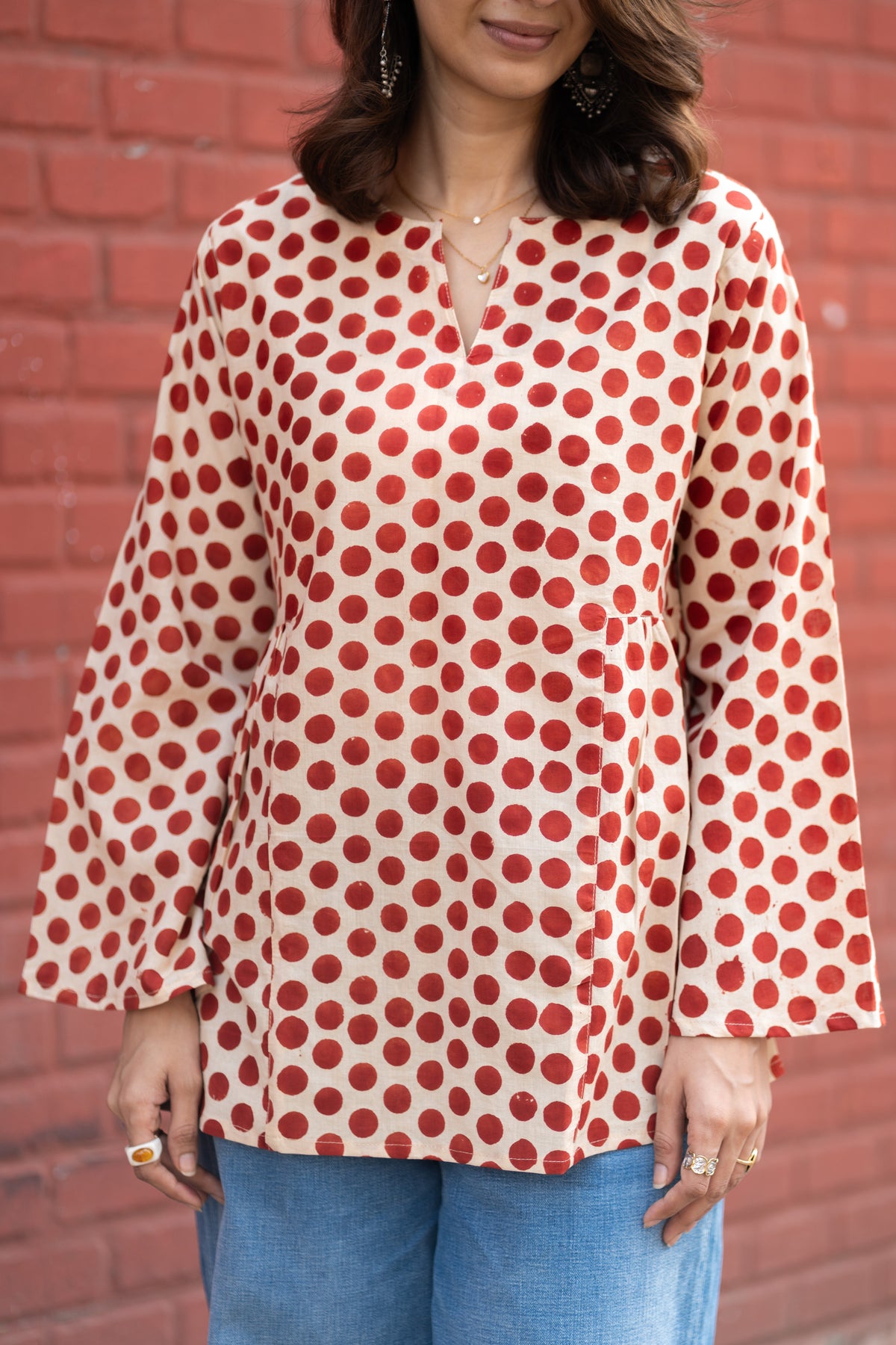 Red Polka Bell Sleeves Cotton Short Top
