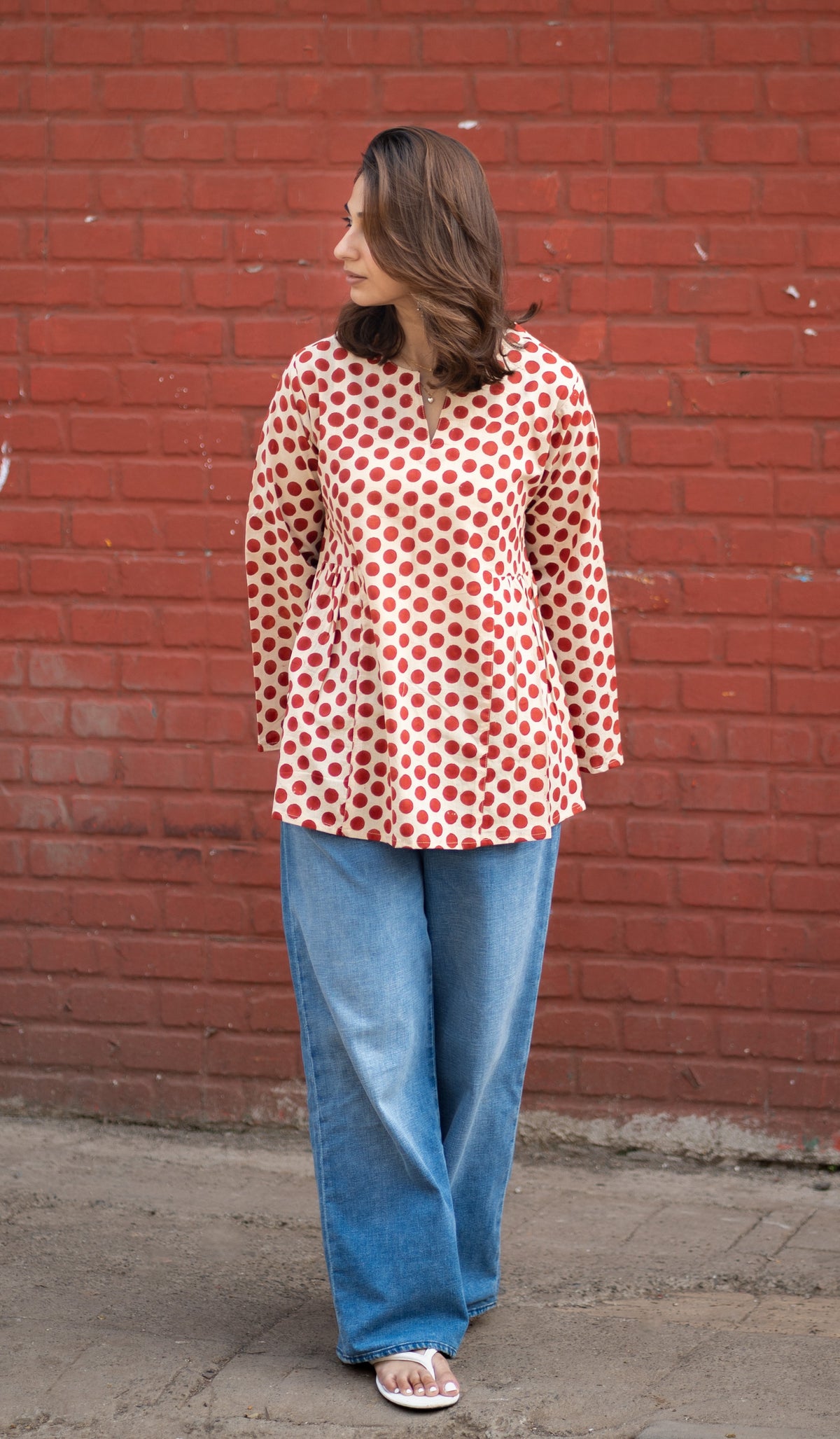 Red Polka Bell Sleeves Cotton Short Top