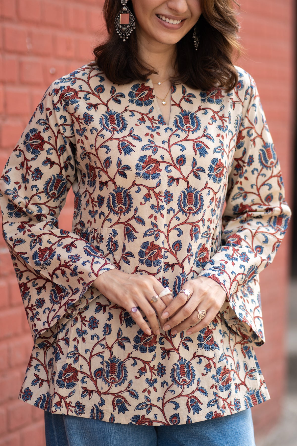 Ajrakh Indigo Beige Red Bell Sleeves Cotton Short Top