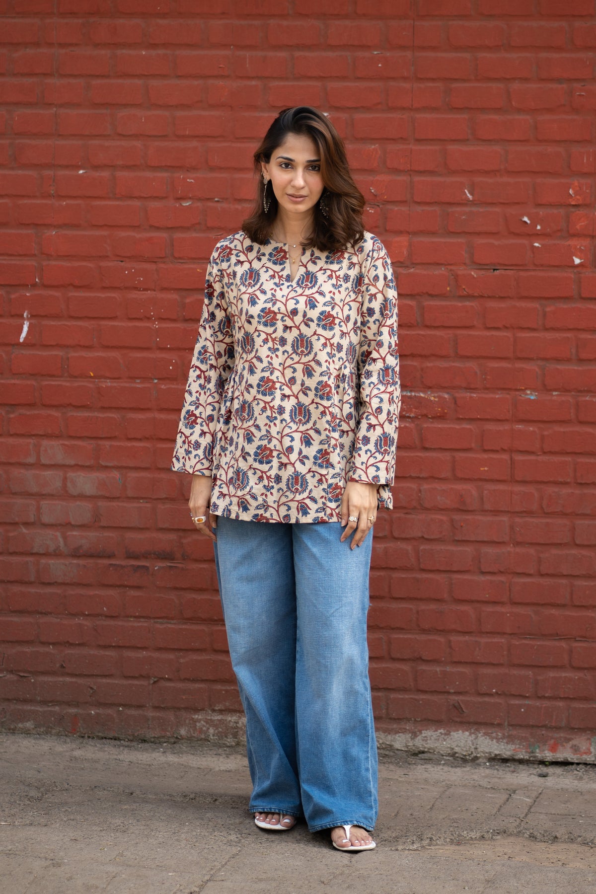 Ajrakh Indigo Beige Red Bell Sleeves Cotton Short Top