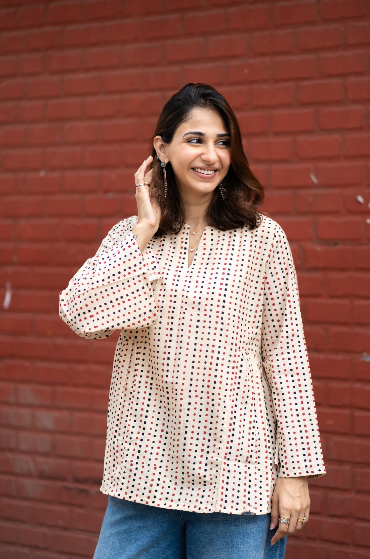 Polka Square Leher Bell Sleeves Cotton Short Top
