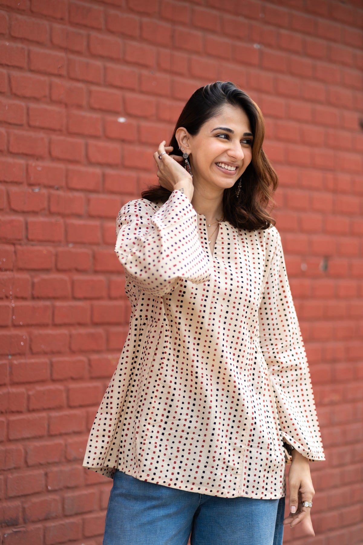 Polka Square Leher Bell Sleeves Cotton Short Top