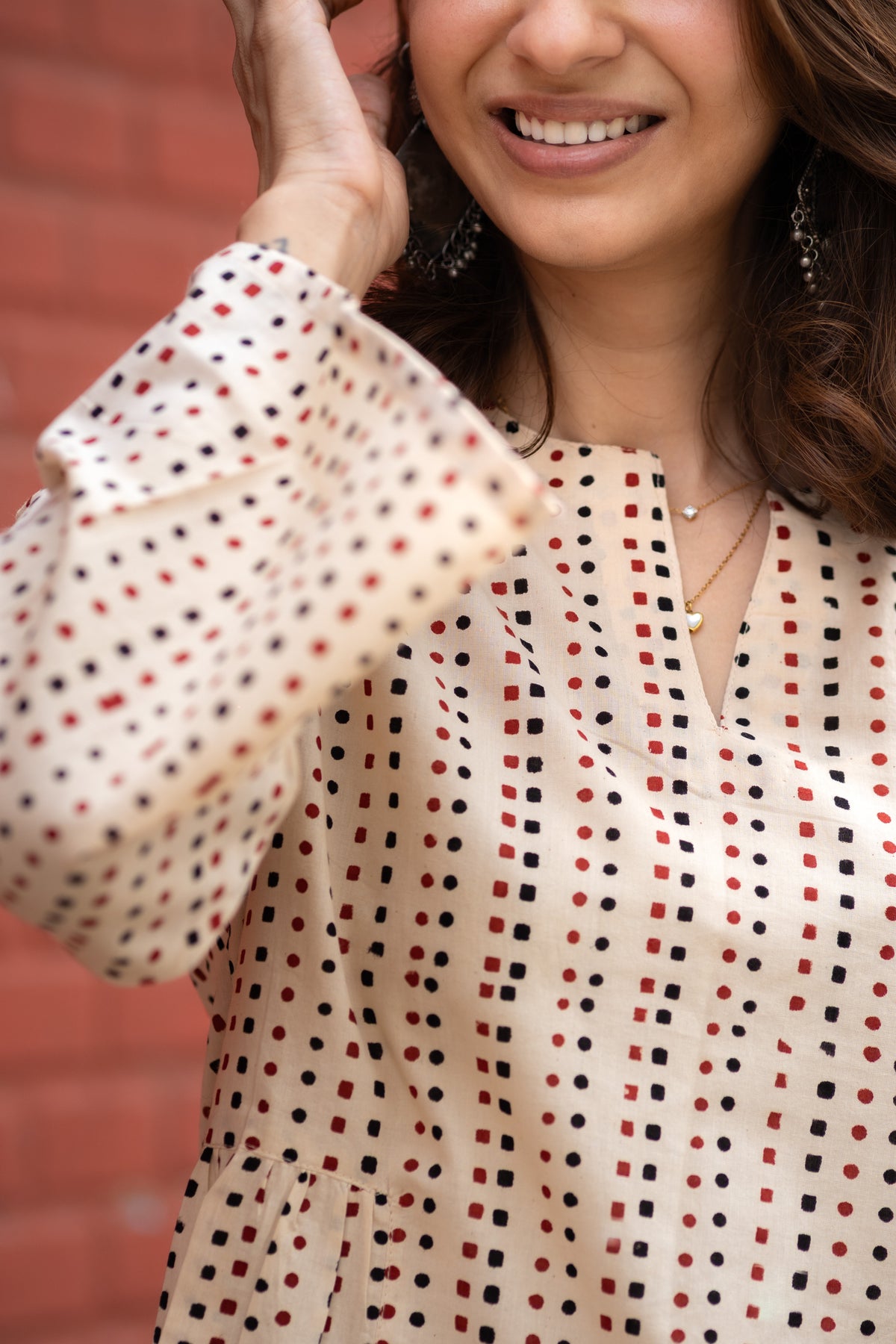 Polka Square Leher Bell Sleeves Cotton Short Top