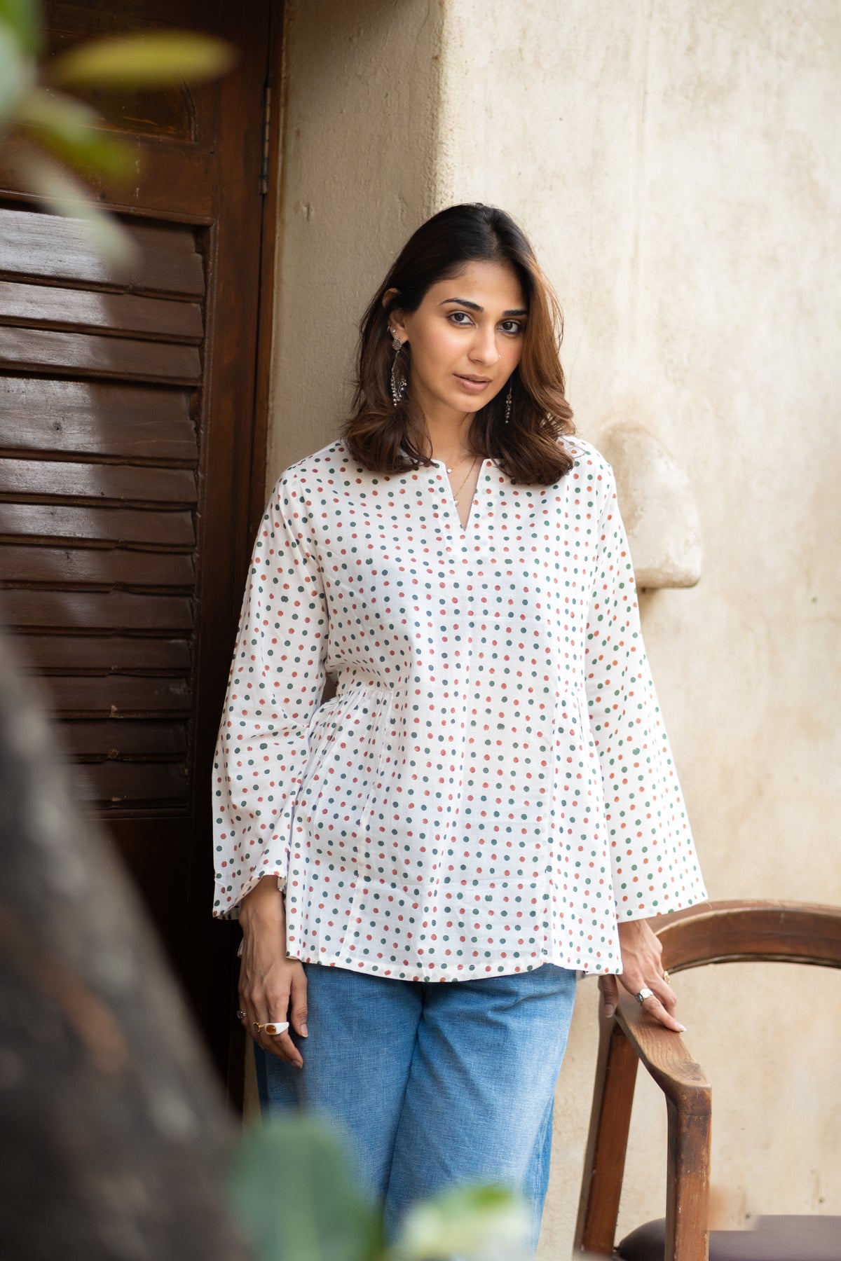 Fairy Polka Bell Sleeves Cotton Short Top