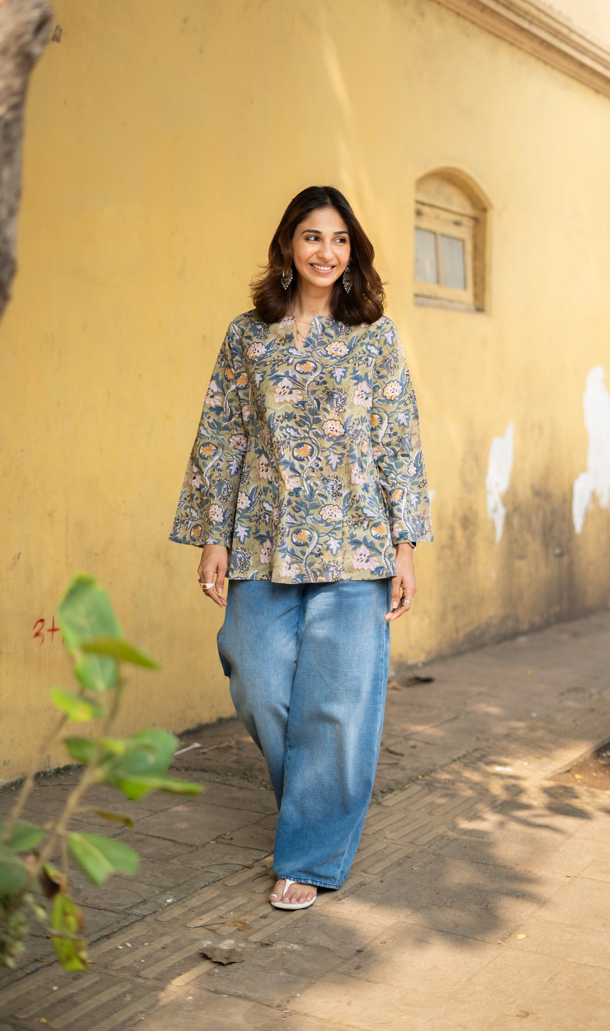 Forest Green Bell Sleeves Cotton Short Top