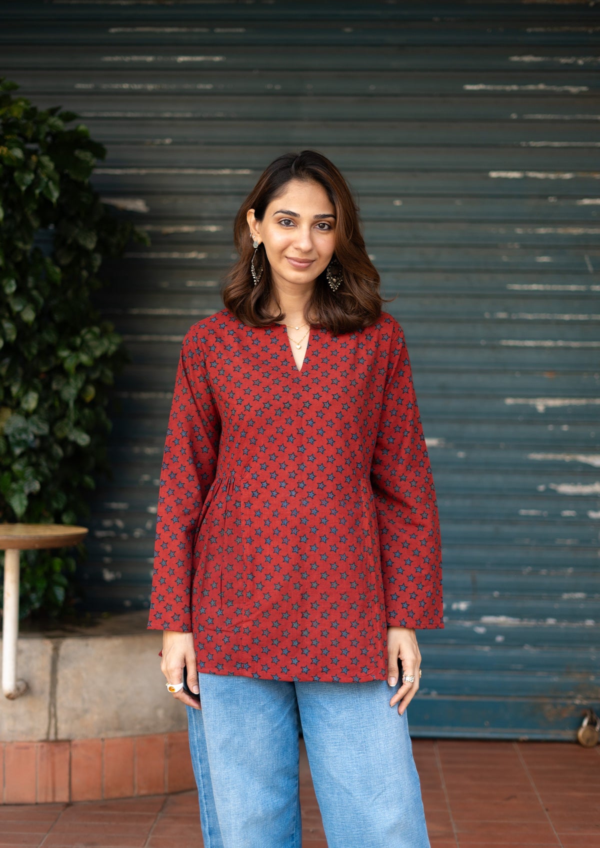 Ajrakh Madder Star Bell Sleeves Cotton Short Top