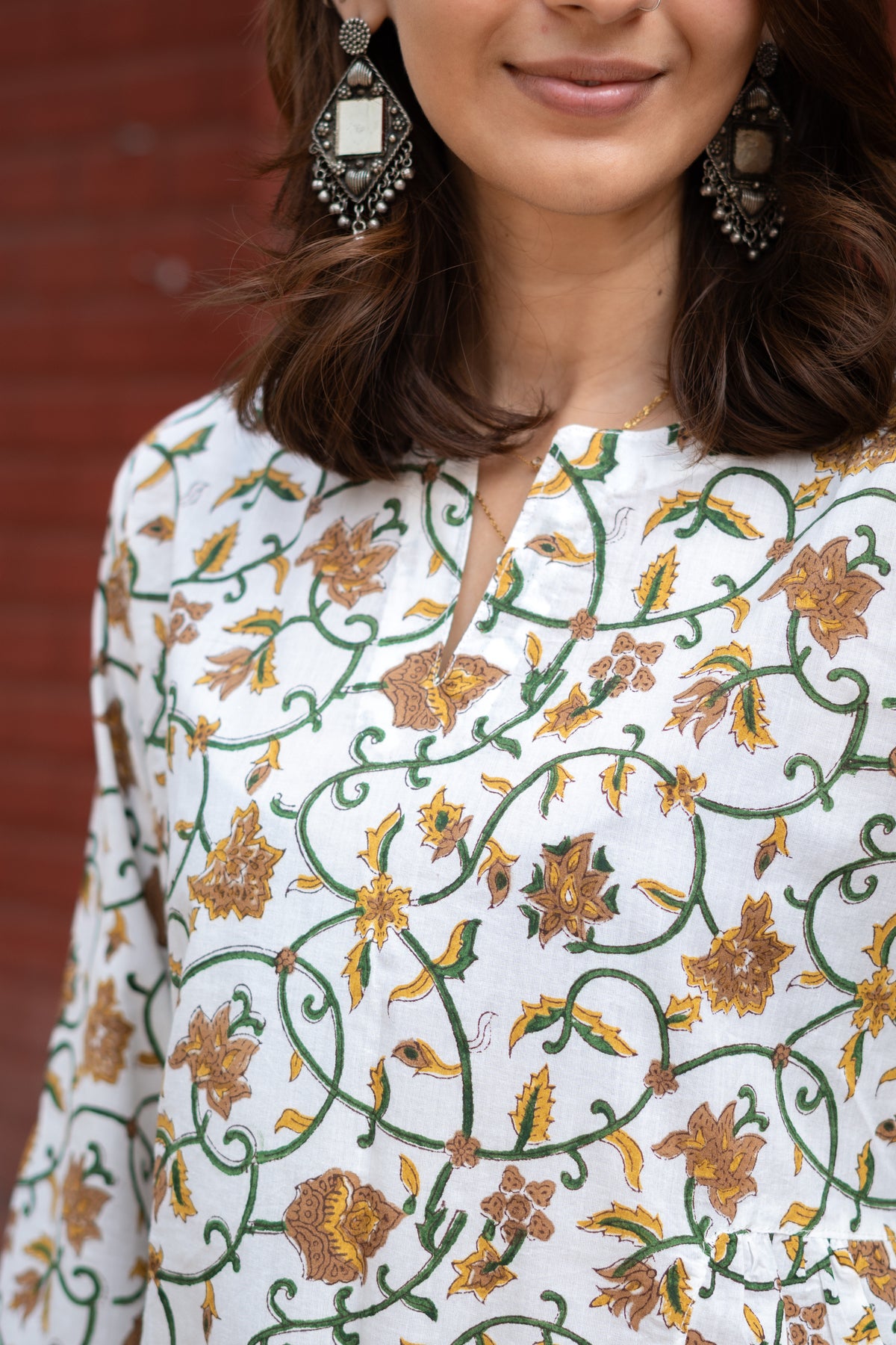 White Gold Floral Bell Sleeves Cotton Short Top
