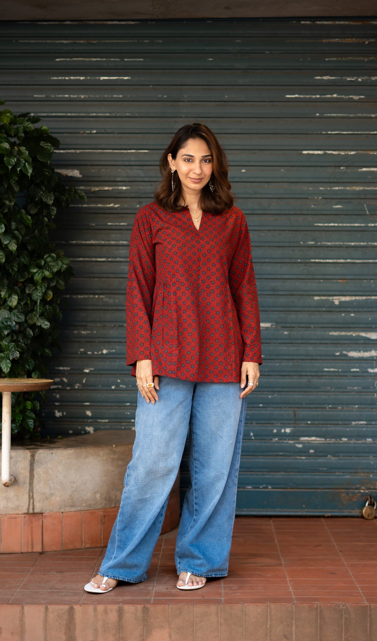 Ajrakh Madder Star Bell Sleeves Cotton Short Top