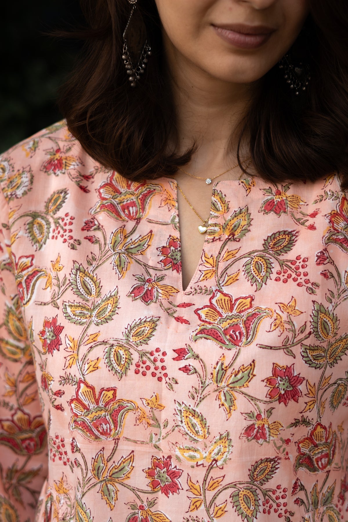 Jaipuri Peach Blossom Bell Sleeves Cotton Short Top