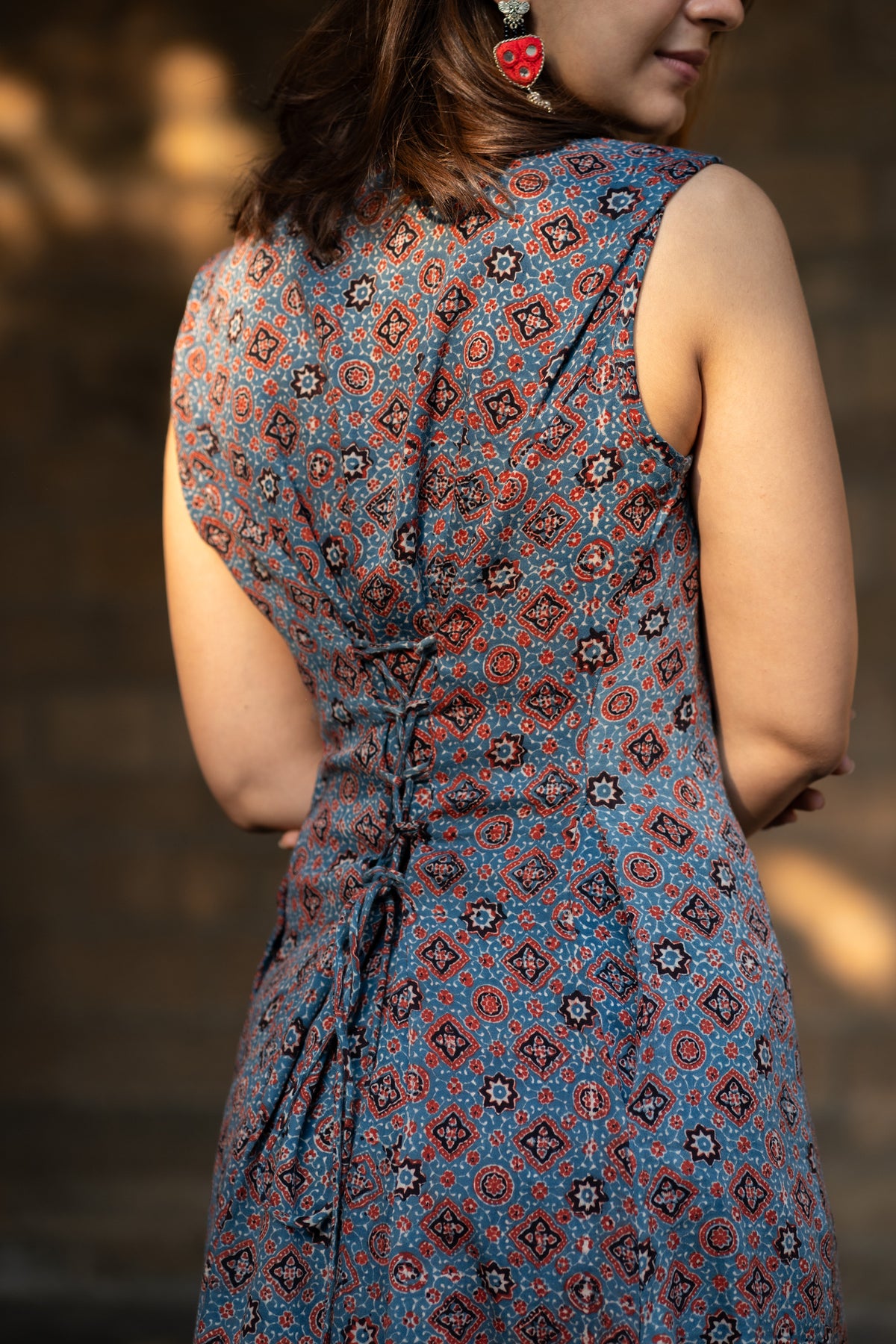 Ajrakh Indigo Red Cotton Satin Corset Dress
