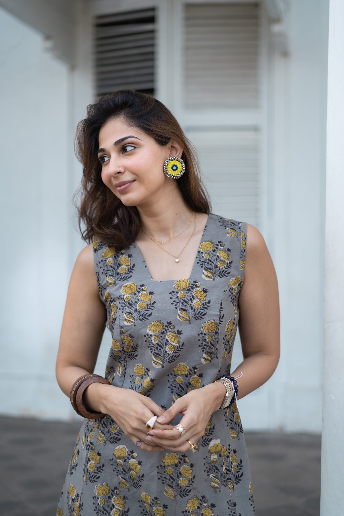 Grey Yellow Floral Cotton Corset Dress
