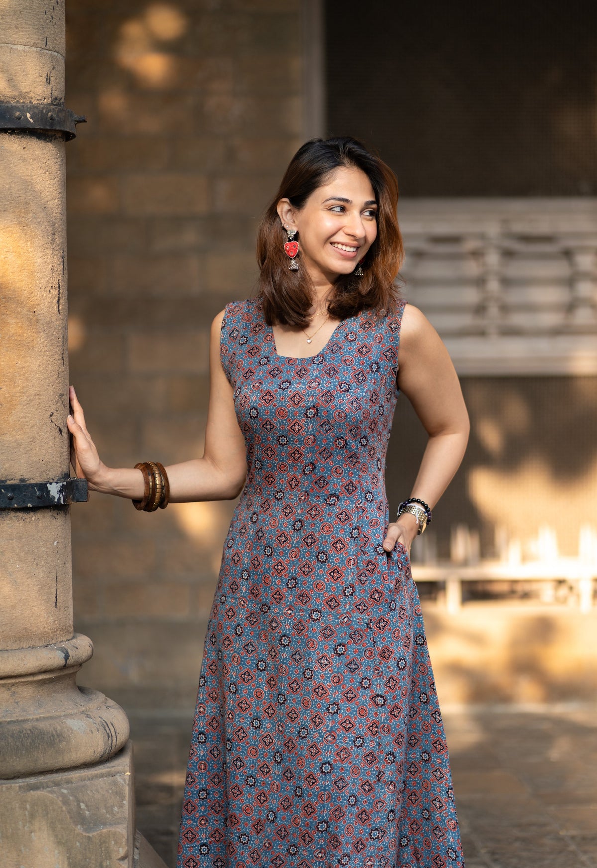 Ajrakh Indigo Red Cotton Satin Corset Dress