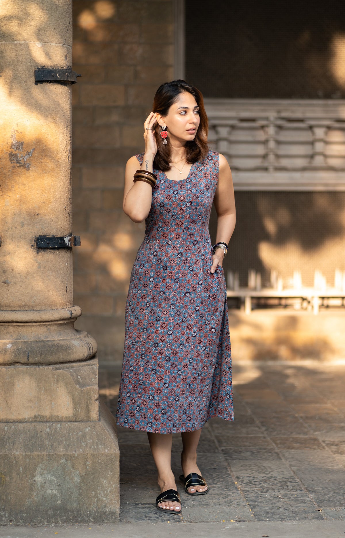 Ajrakh Indigo Red Cotton Satin Corset Dress