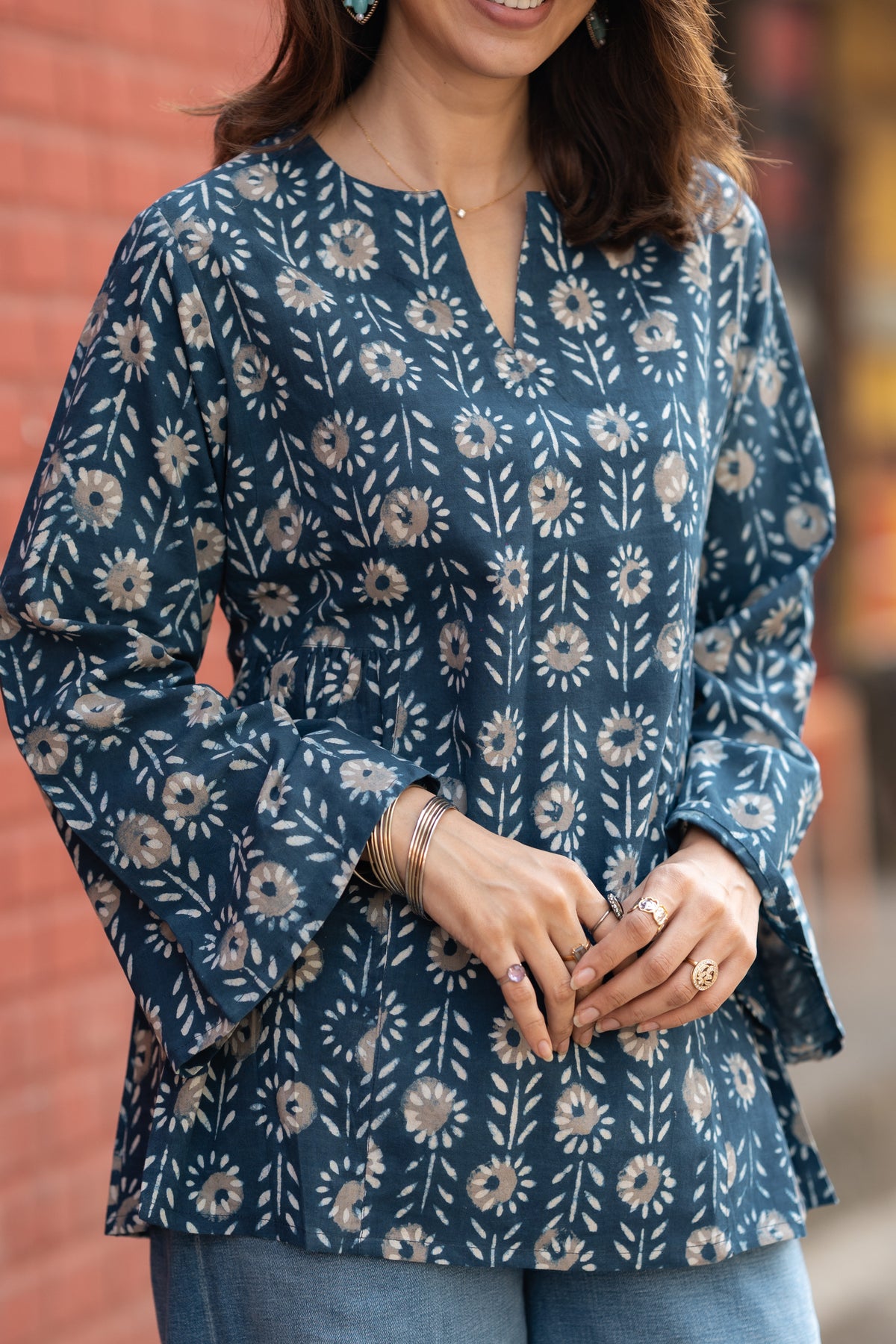 Rust Indigo Bell Sleeves Cotton Short Top