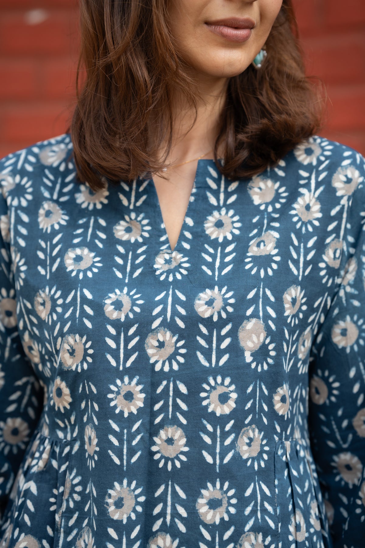 Rust Indigo Bell Sleeves Cotton Short Top