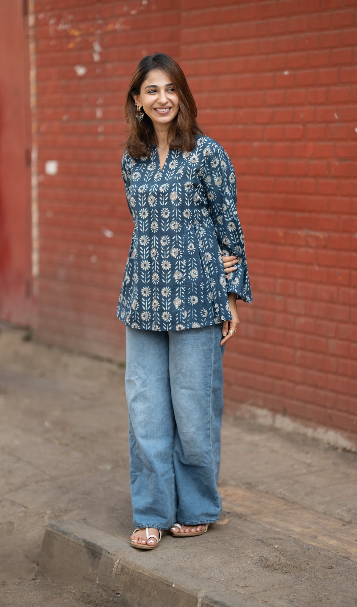 Rust Indigo Bell Sleeves Cotton Short Top