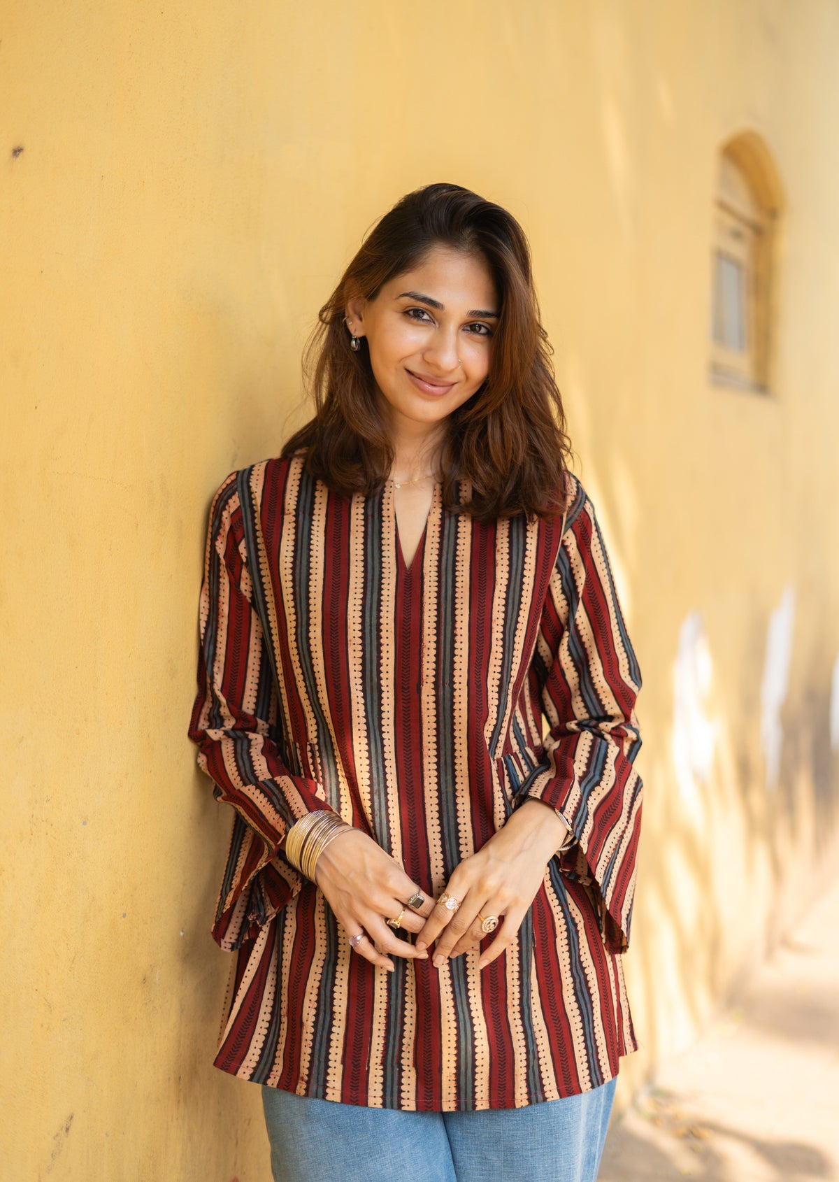 Ajrakh Madder Indigo Stripe Bell Sleeves Cotton Short Top