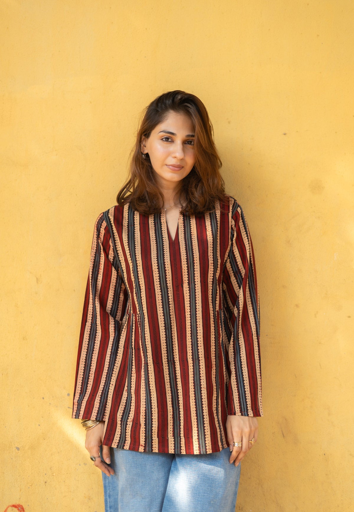 Ajrakh Madder Indigo Stripe Bell Sleeves Cotton Short Top