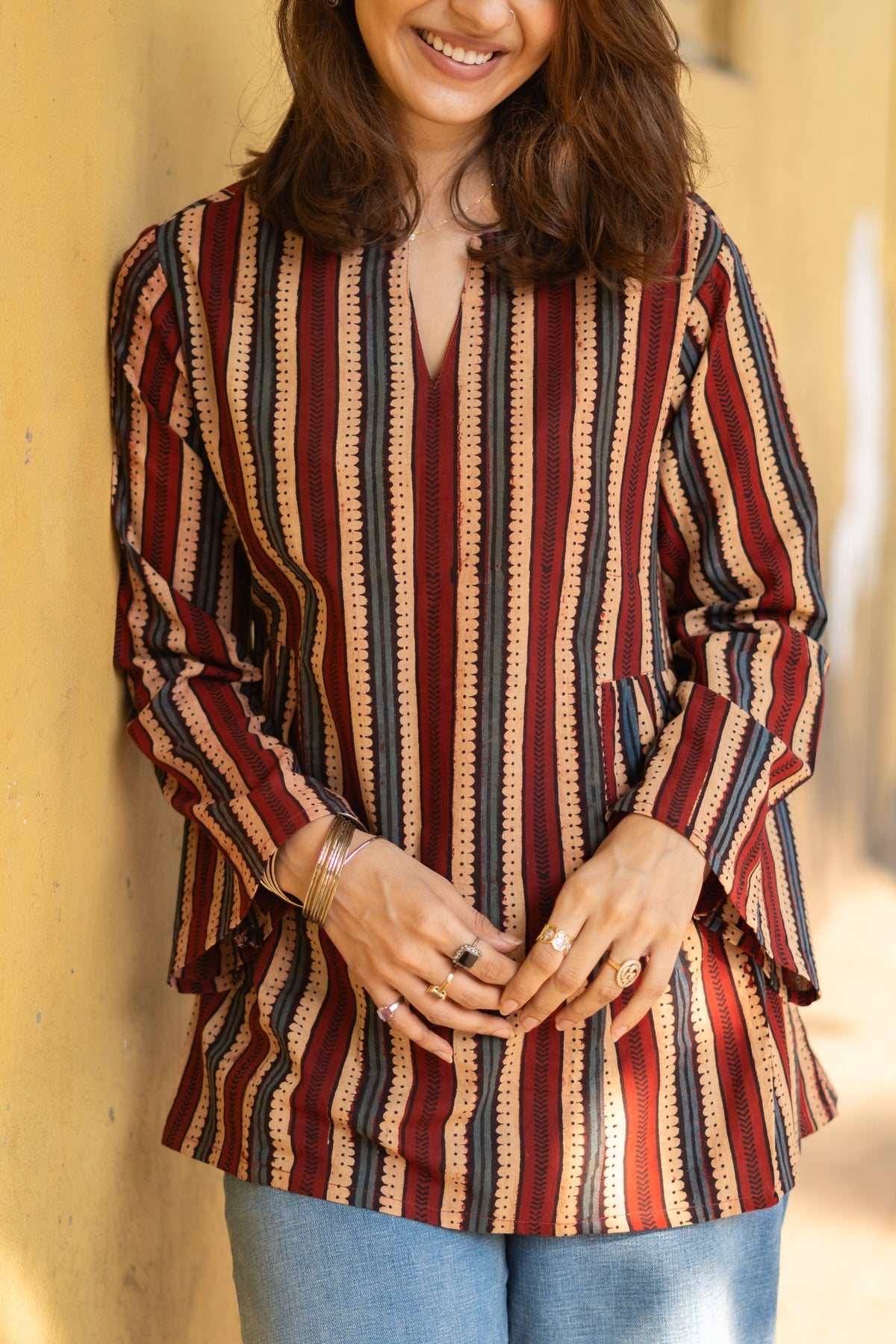 Ajrakh Madder Indigo Stripe Bell Sleeves Cotton Short Top