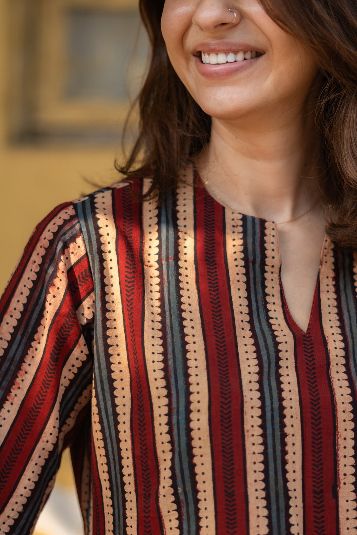 Ajrakh Madder Indigo Stripe Bell Sleeves Cotton Short Top