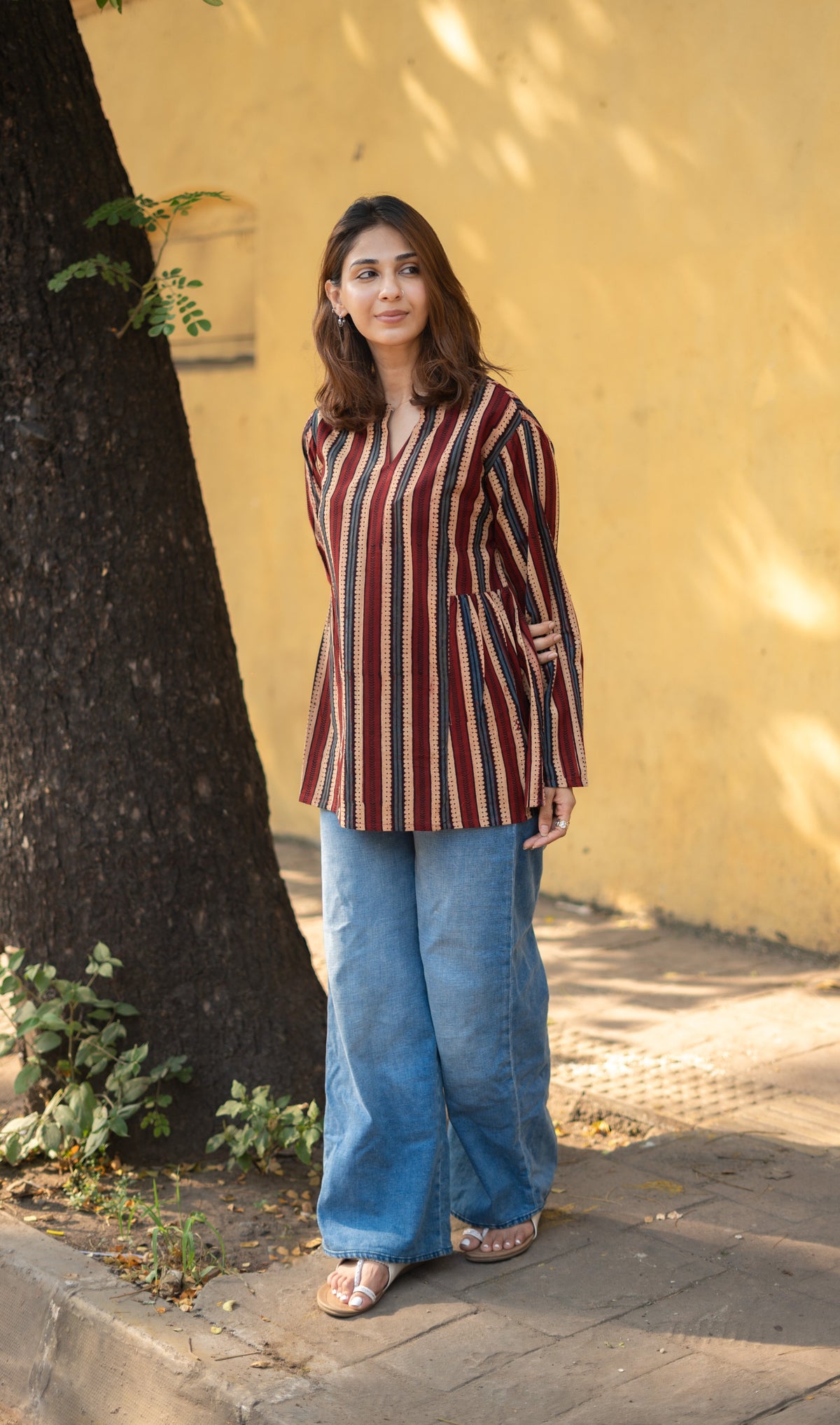 Ajrakh Madder Indigo Stripe Bell Sleeves Cotton Short Top