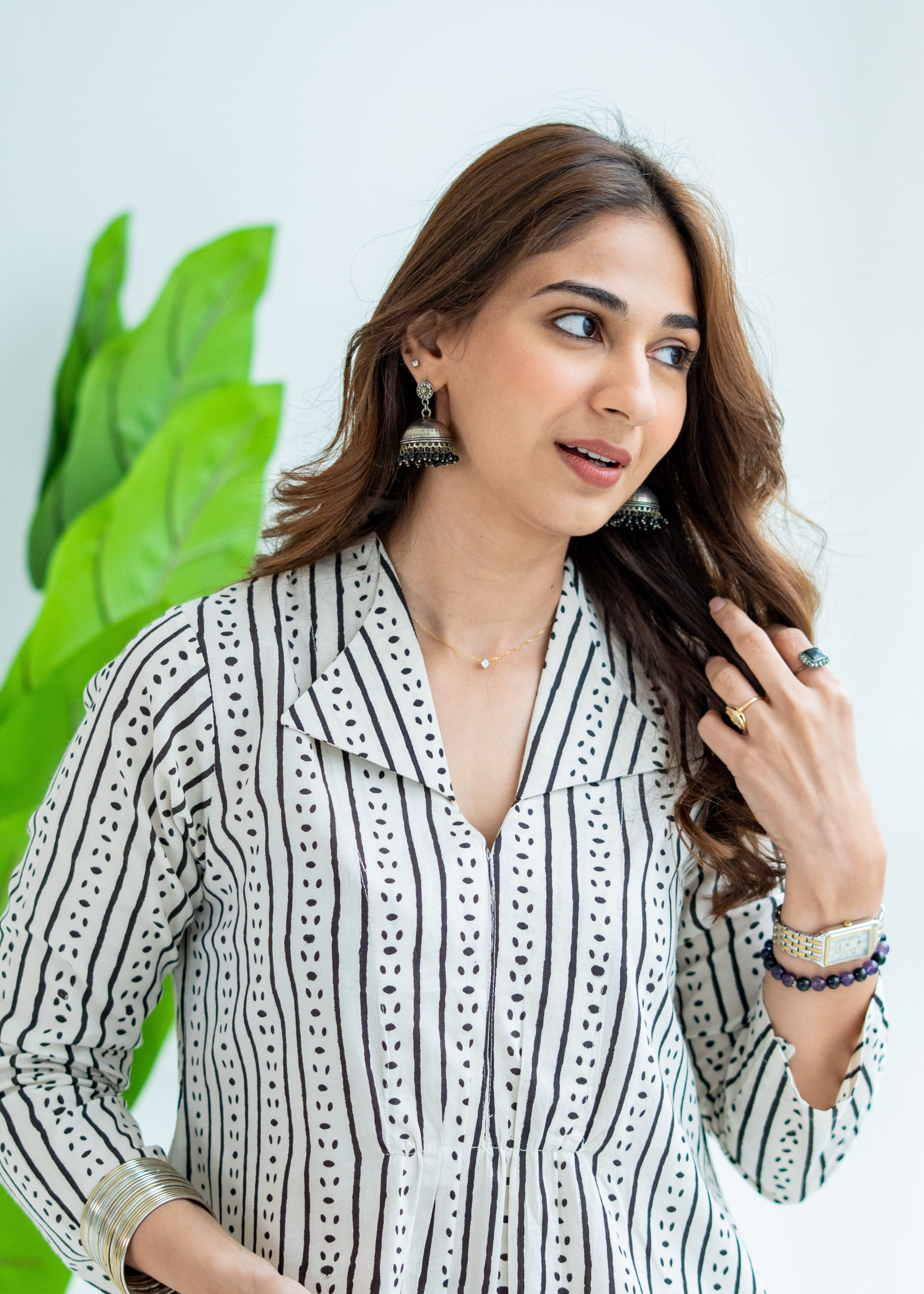 Jaipuri Stripes Block Print Cotton A Line Dress