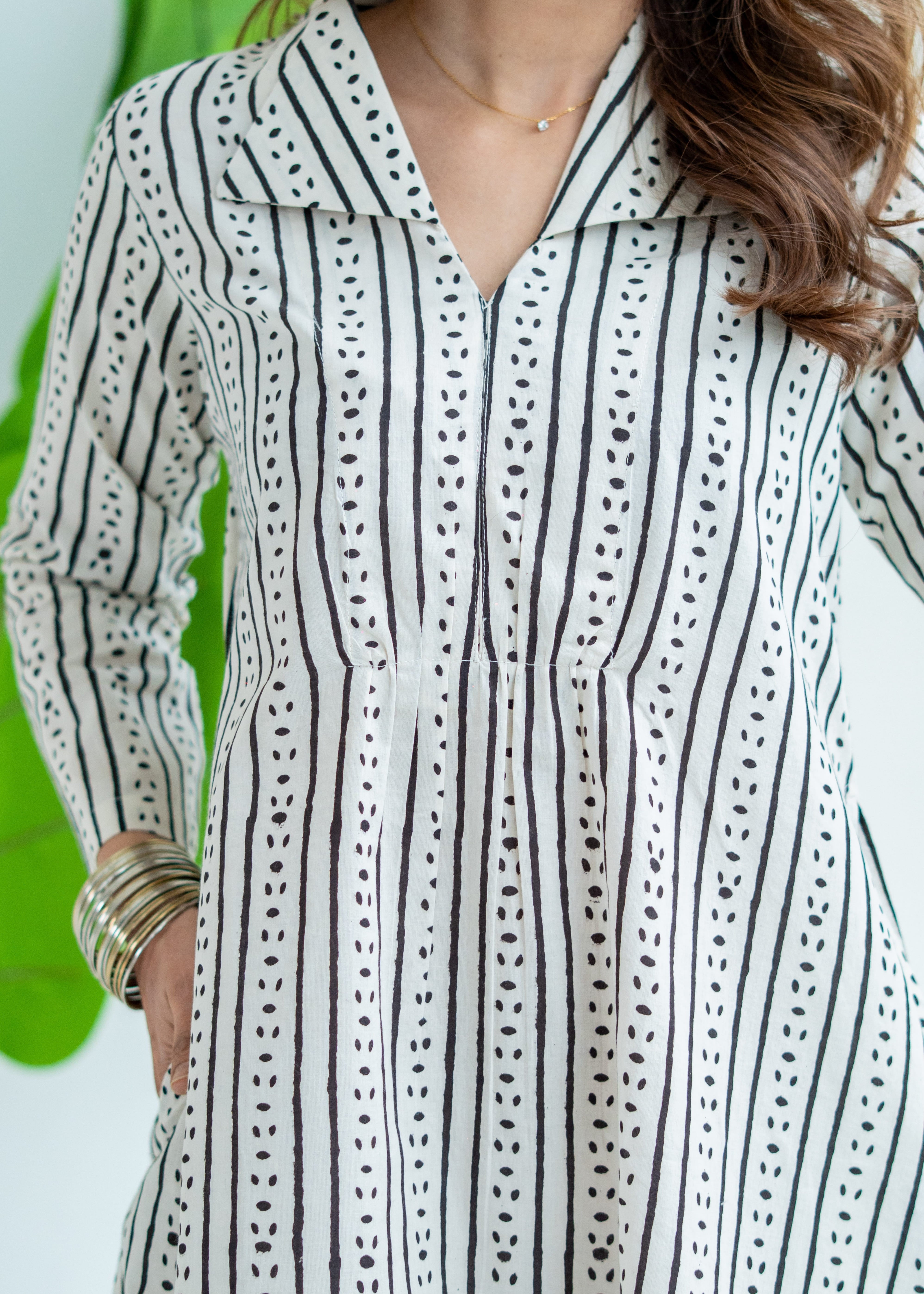 Jaipuri Stripes Block Print Cotton A Line Dress