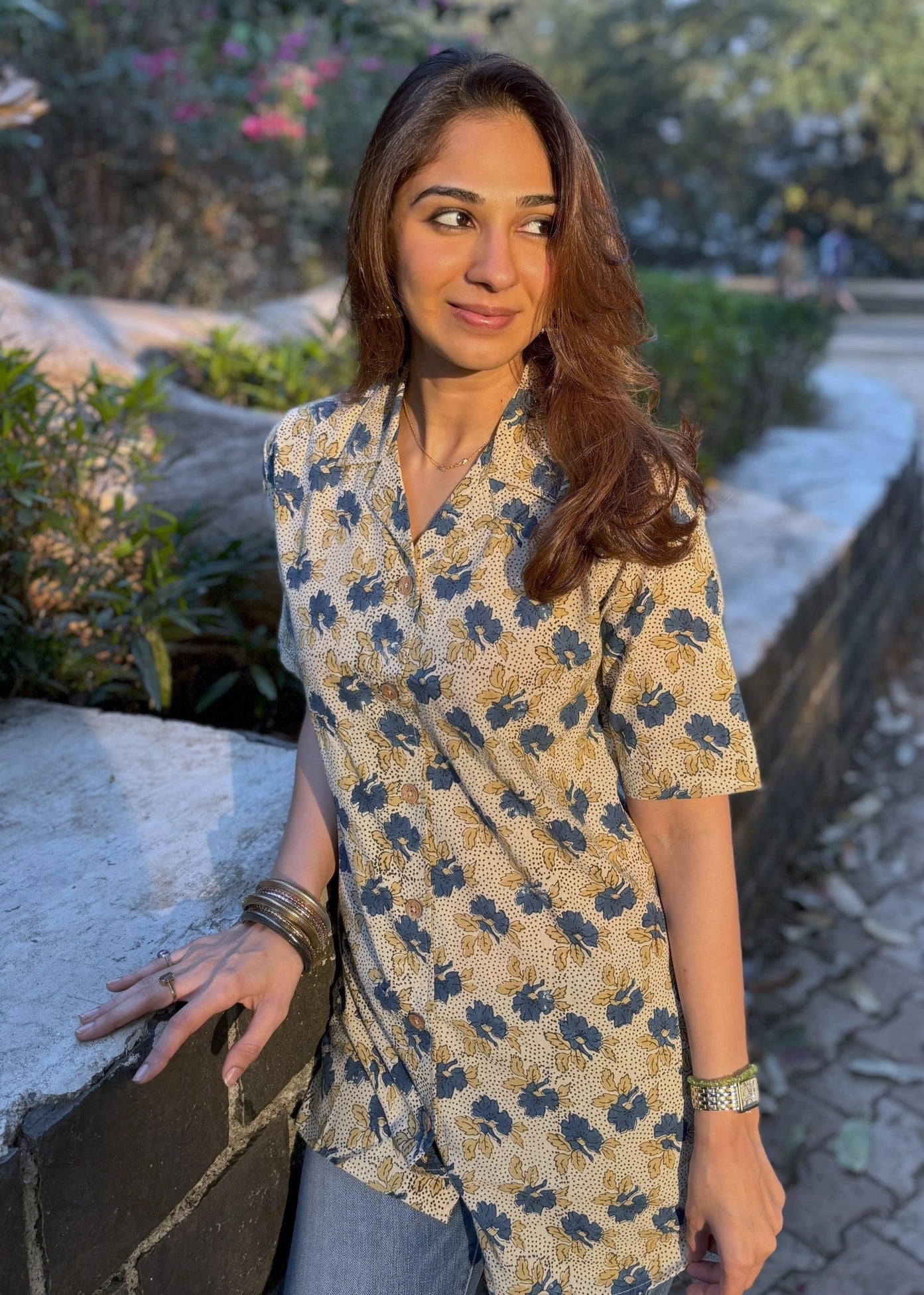Ajrakh Cream Floral Natural Dye Shirt Kurti