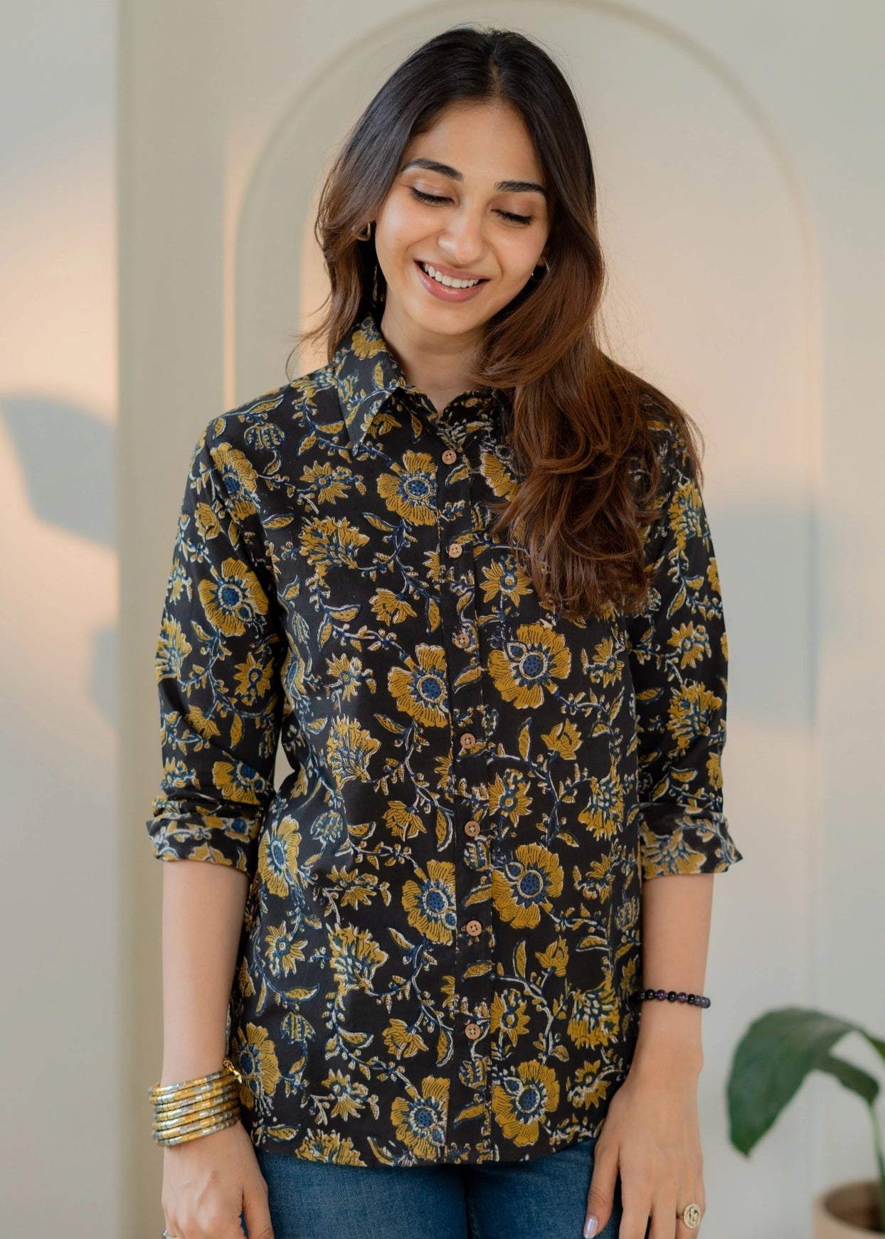 Mustard Floral Handblock Shirt