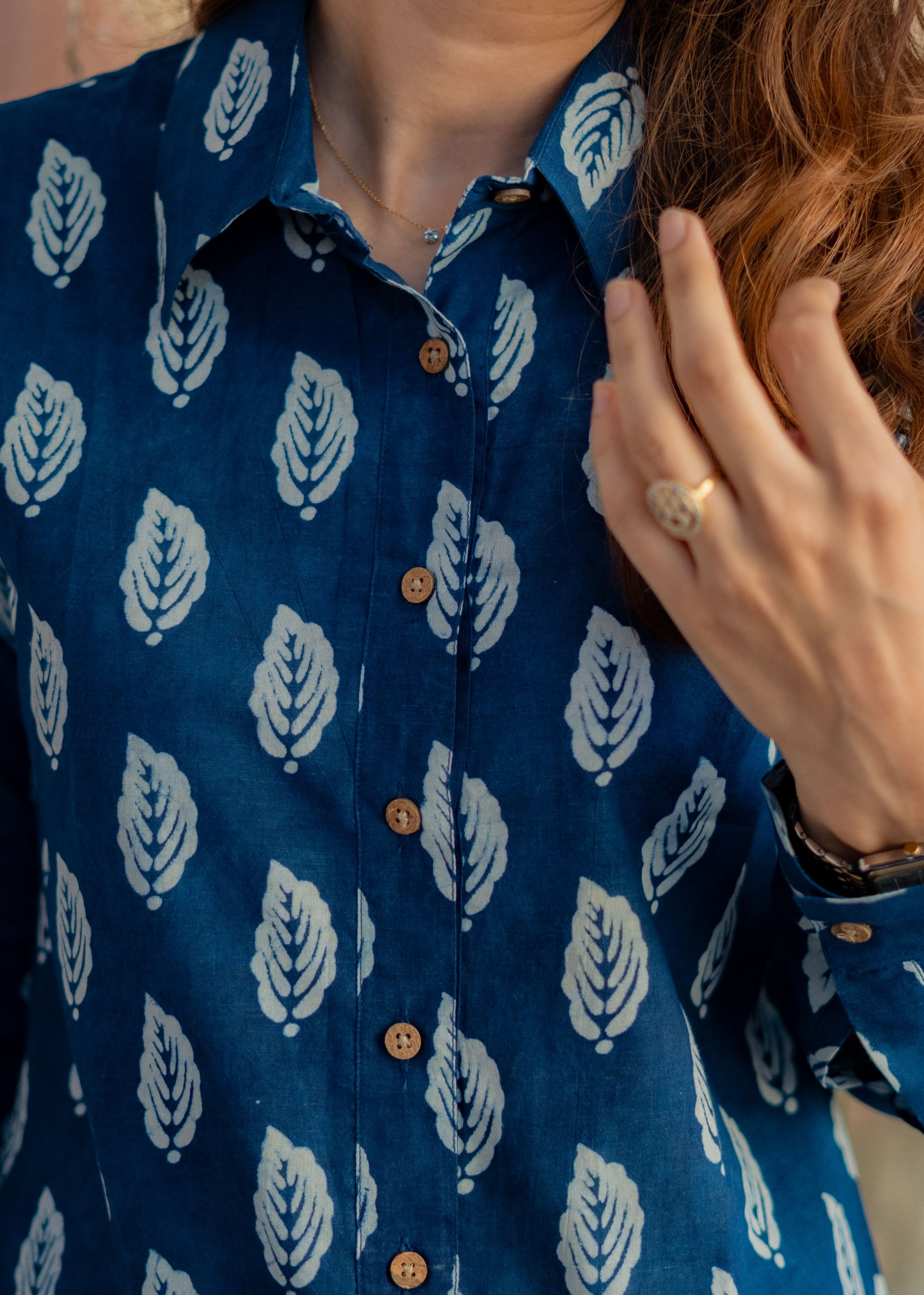 Navy Blue Leaf Handblock Print Shirt