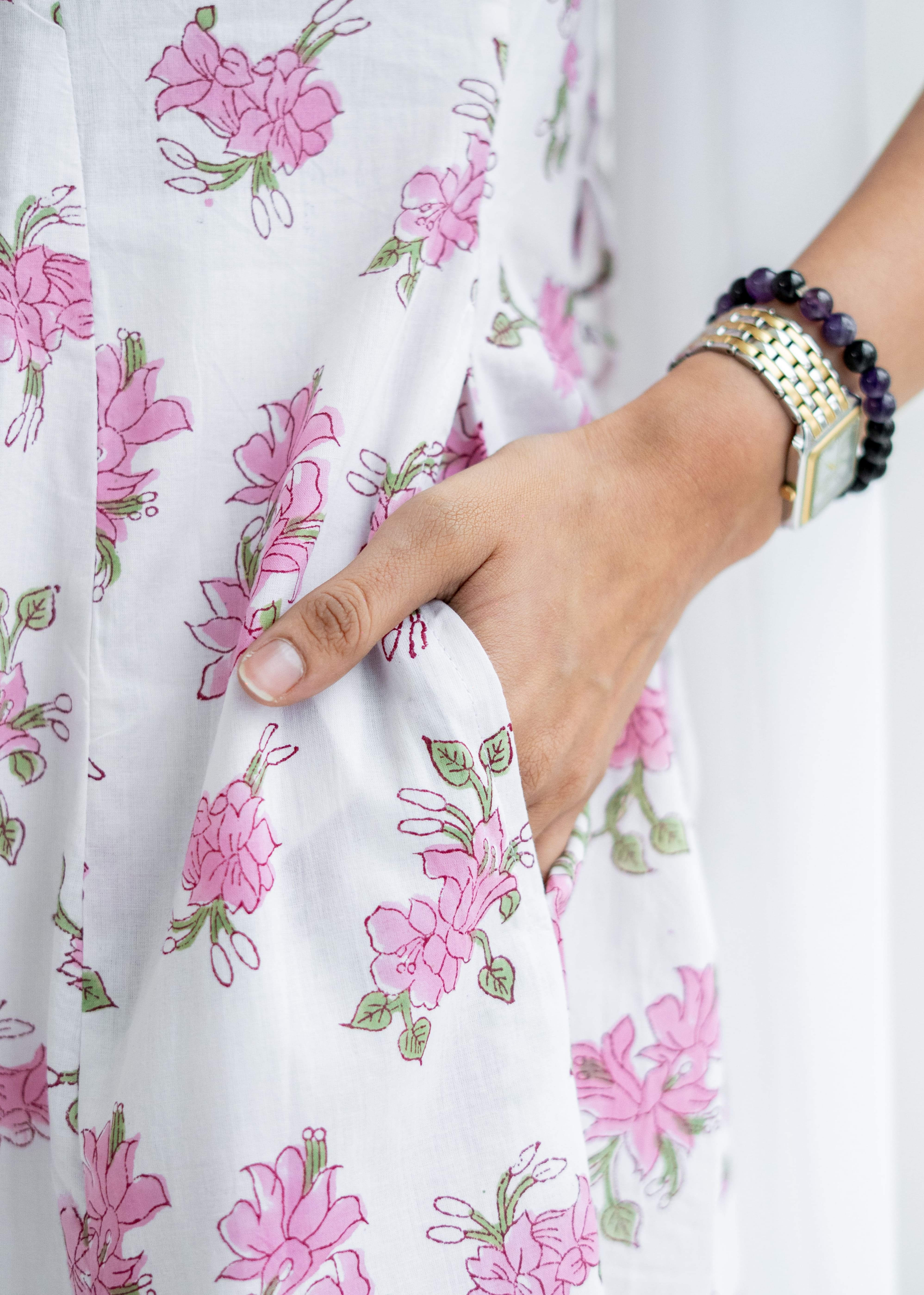 Pink Floral Sanganeri Cotton Corset Dress