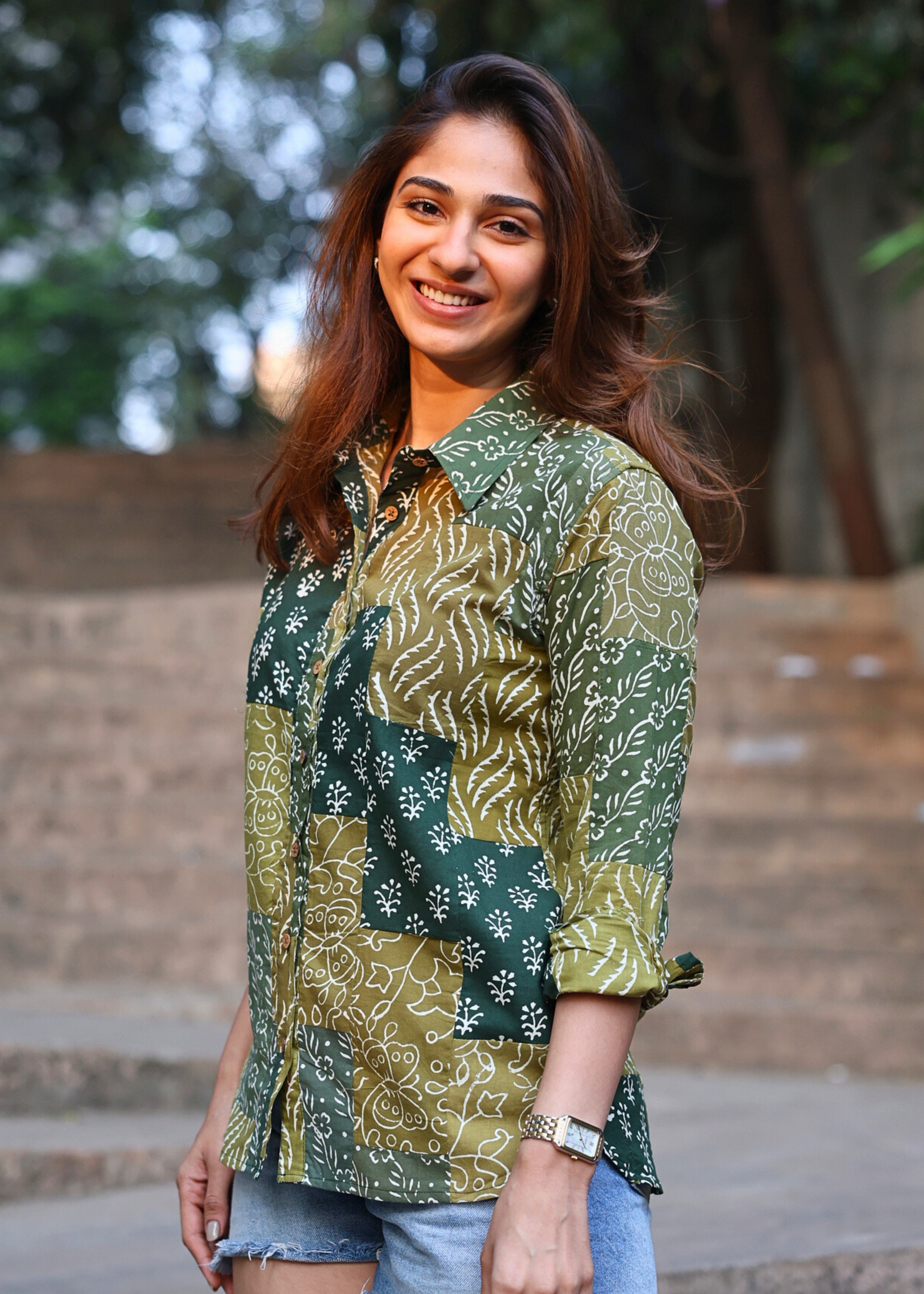 Green Patchwork Handblock Shirt