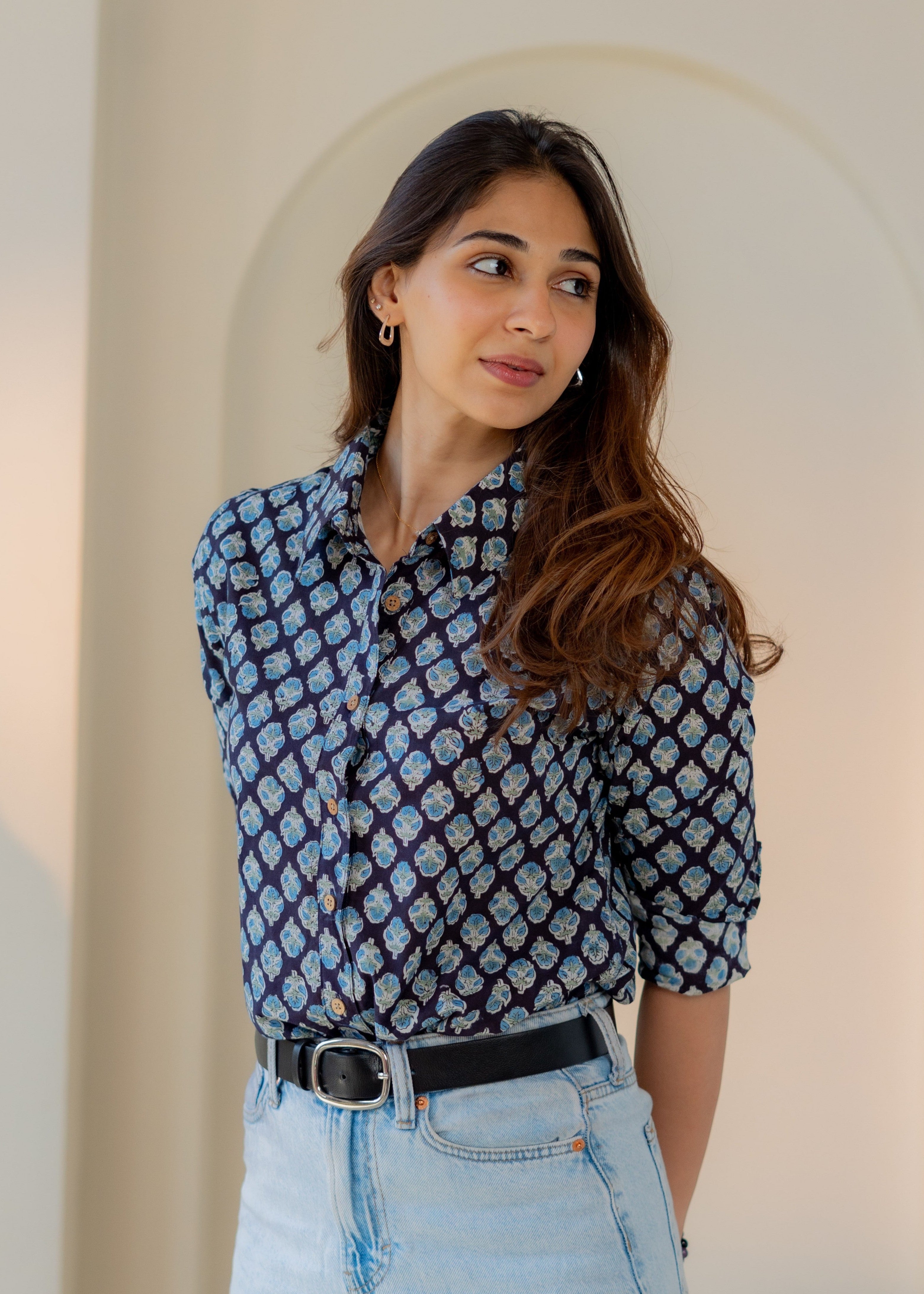 Blue Flower Block Print Shirt