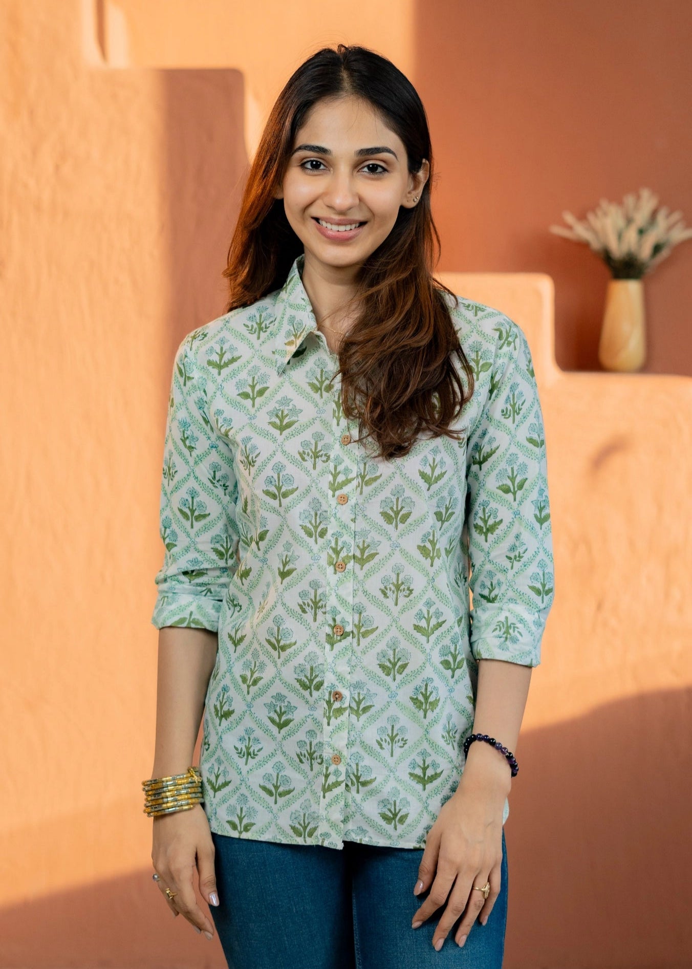 Green Leaf Block Print Shirt
