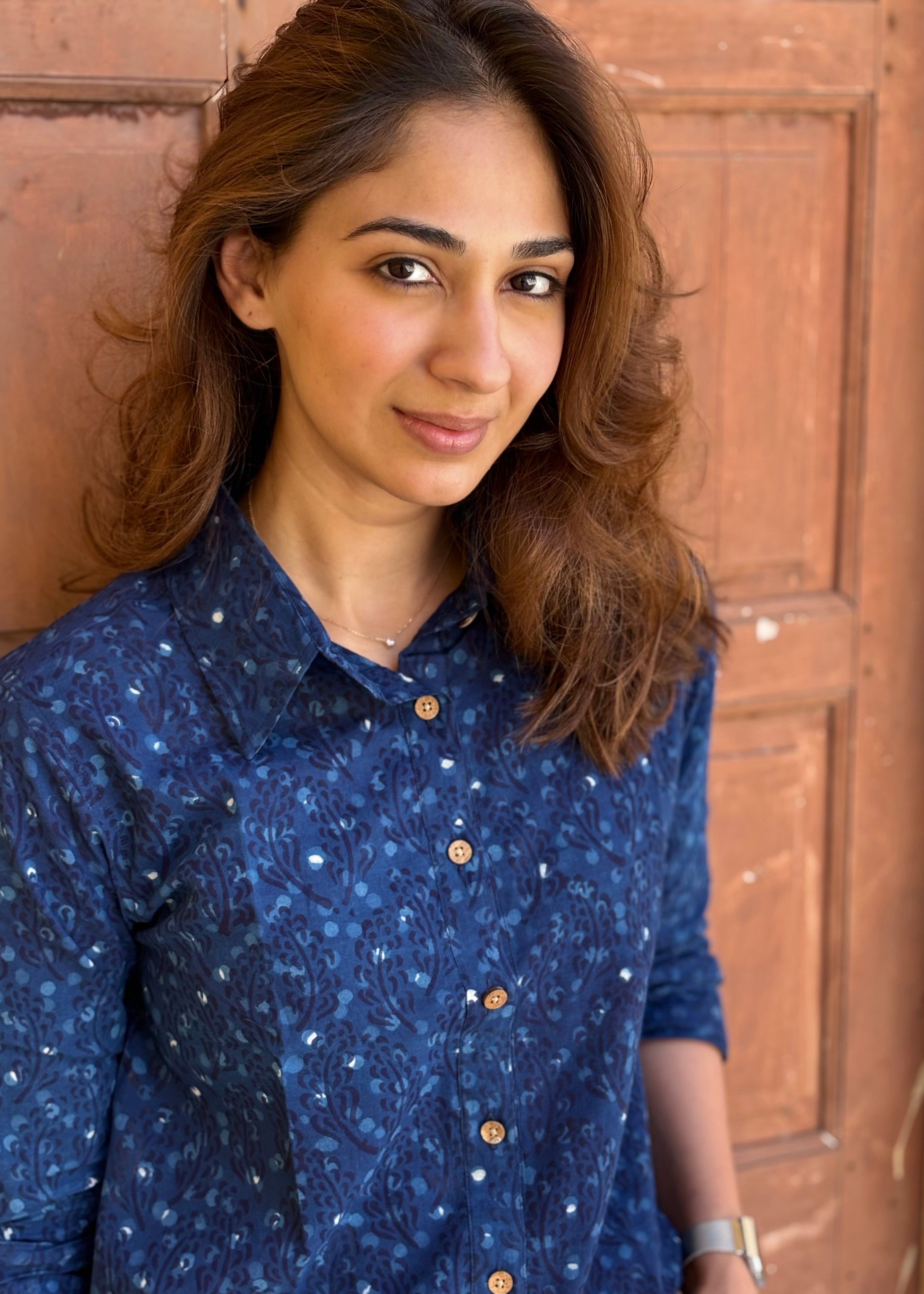 Navy Blue Floral Handblock Cotton Shirt