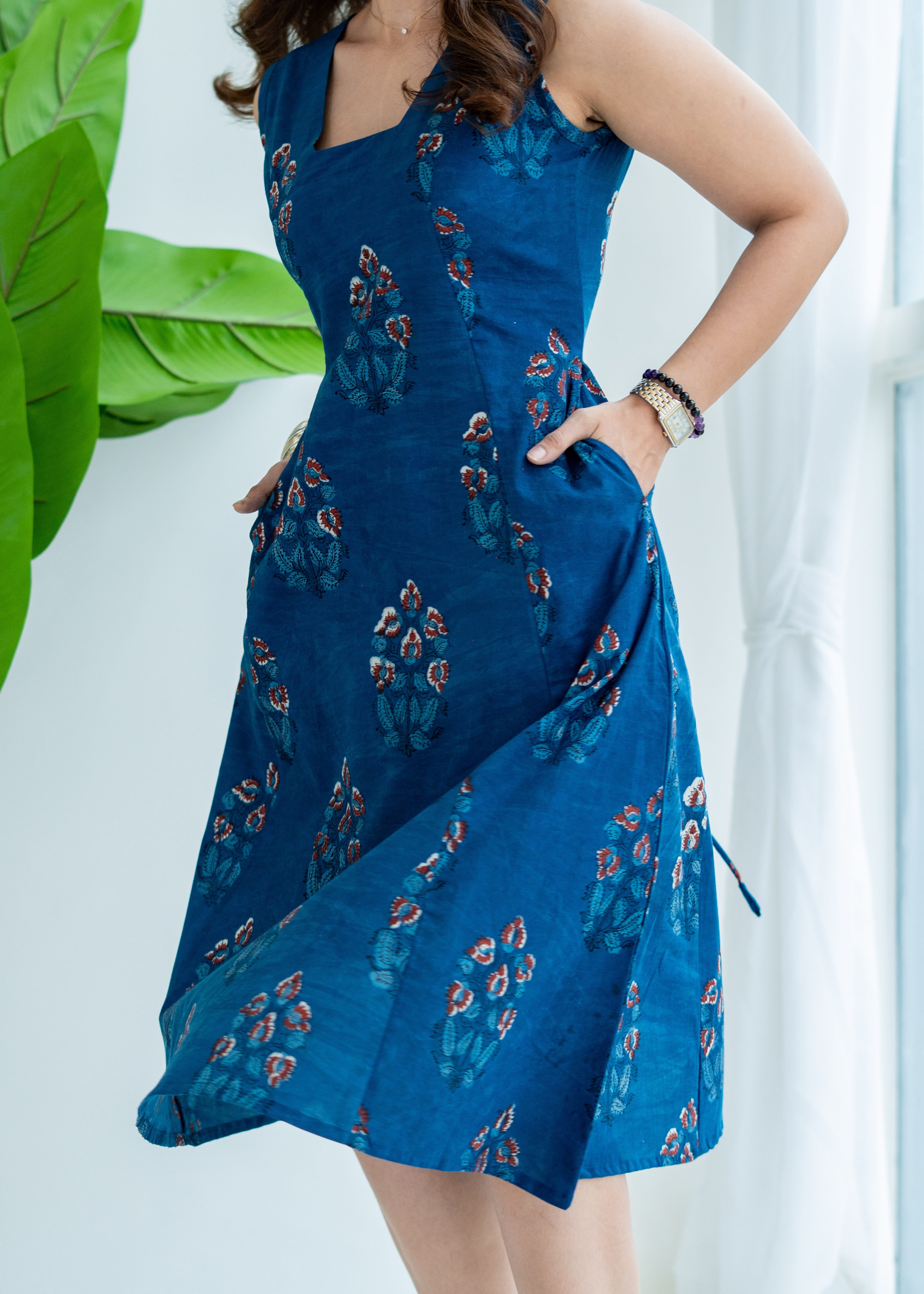 Indigo Bagru Floral Cotton Corset Dress