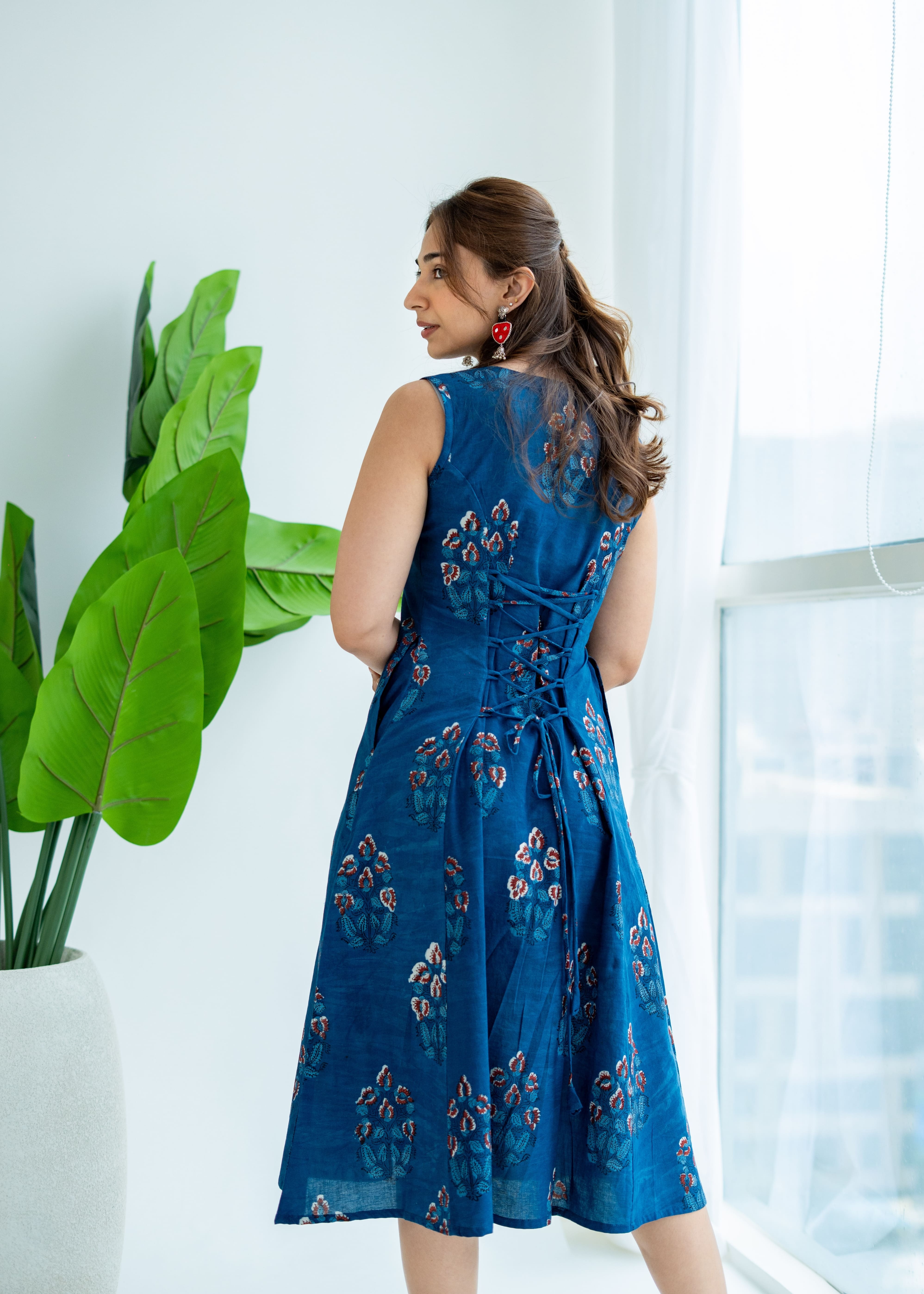 Indigo Bagru Floral Cotton Corset Dress