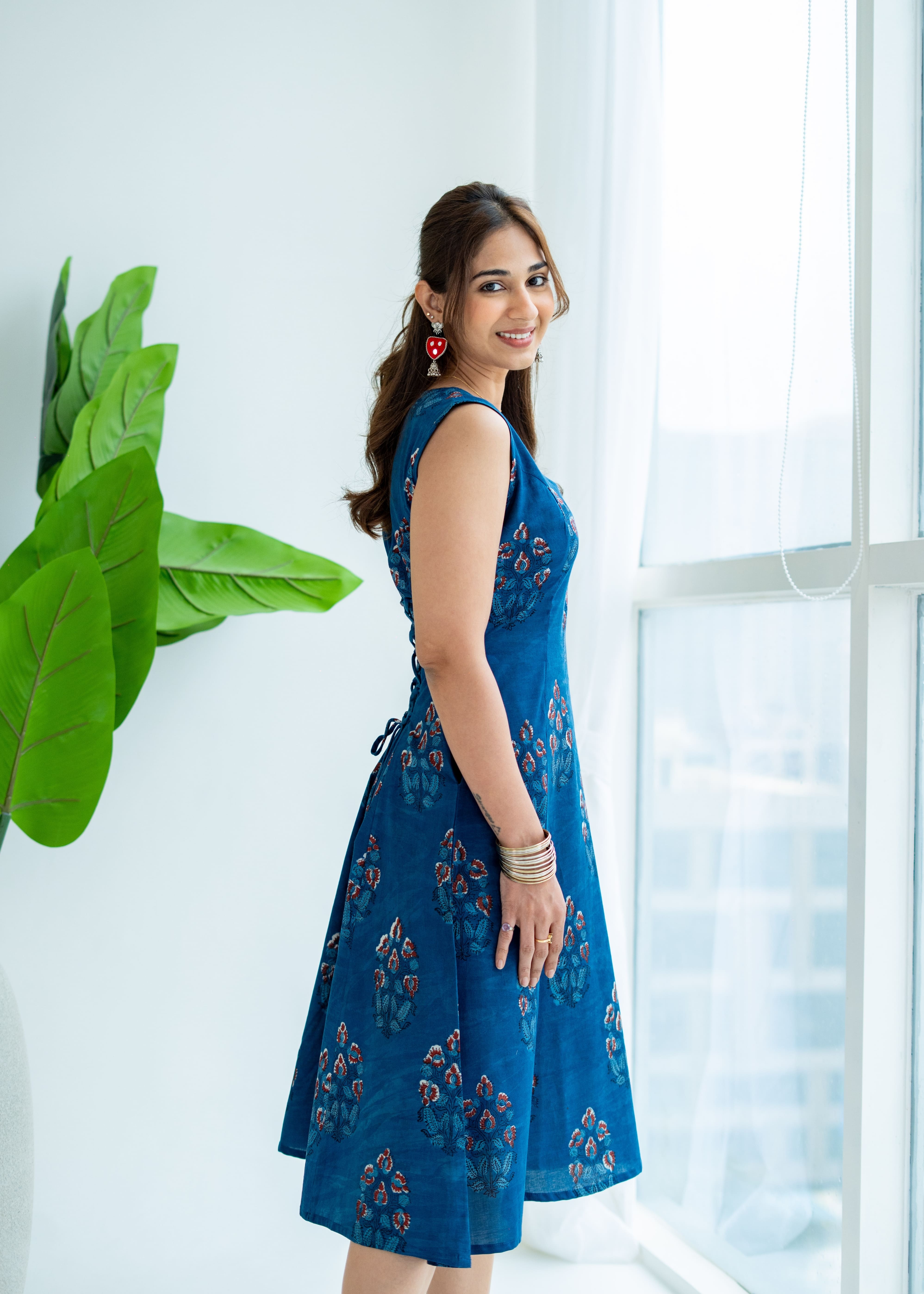 Indigo Bagru Floral Cotton Corset Dress